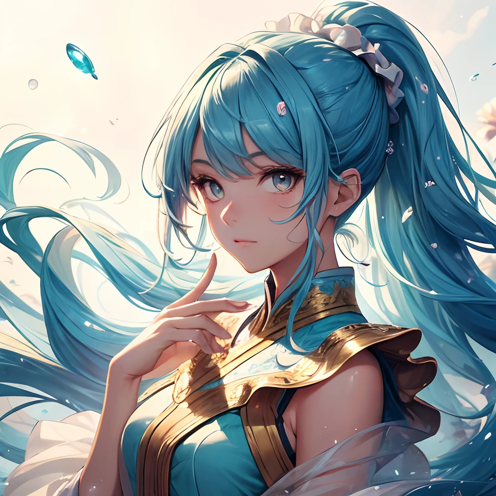 (masterpiece), (best quality), (ultra detailed),(disheed hair),(illustration), (1girl), (Fashionable clothing), standing, Fashion model, looking at viewer, (interview), (simple background), Beautiful detailed eyes, delicate beauty, floating, (high saturation), (colorful splash), colorful bubbles, (shine), focus on the face, ponytail, Ayaka Kamisato, light blue hair, bangs, scrunchies, floating flowers, flowing hair, (shiny), best lighting, best shadows, perfect hands