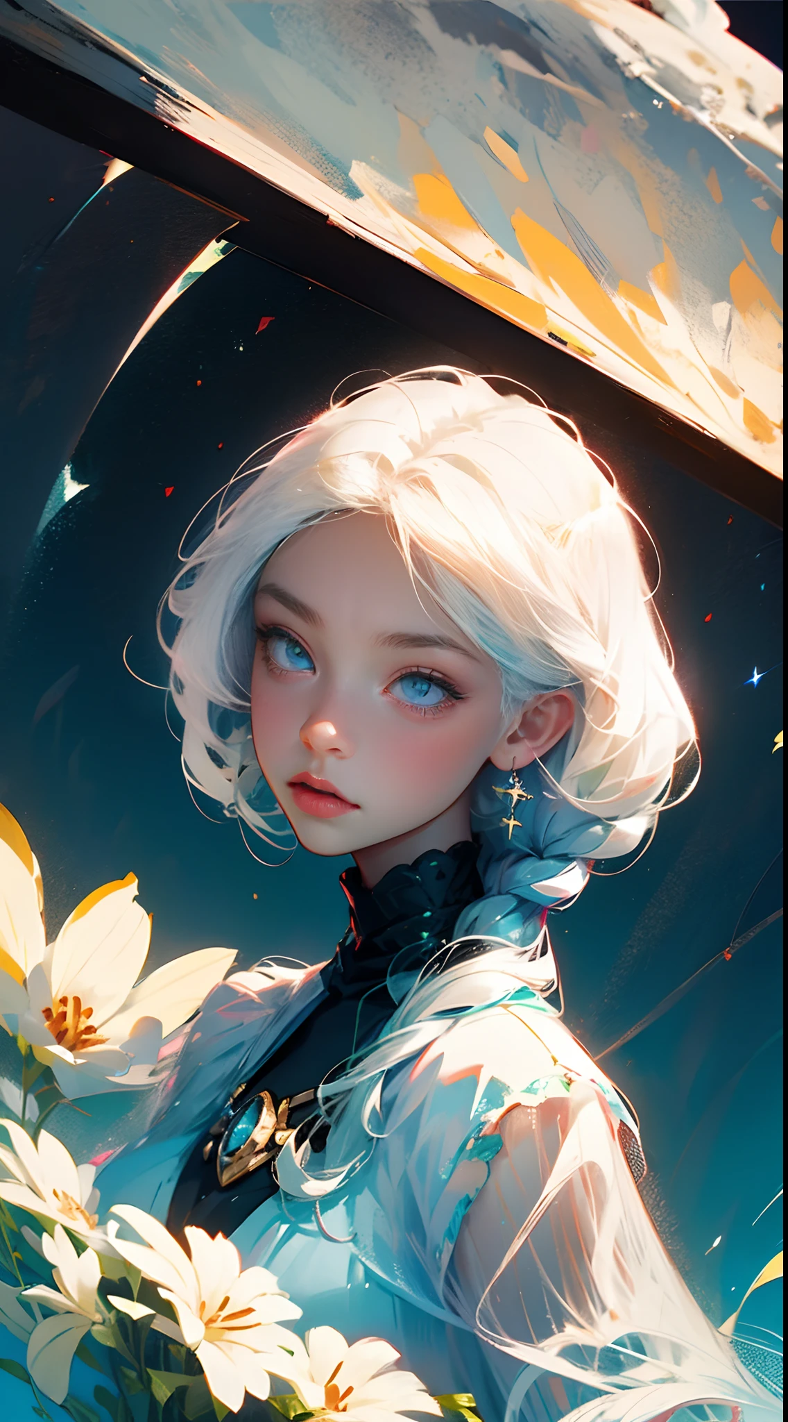 quadratic element　illustratio　night starly sky　hightquality　girl with　Shoulder-length white hair　Blue eyes
