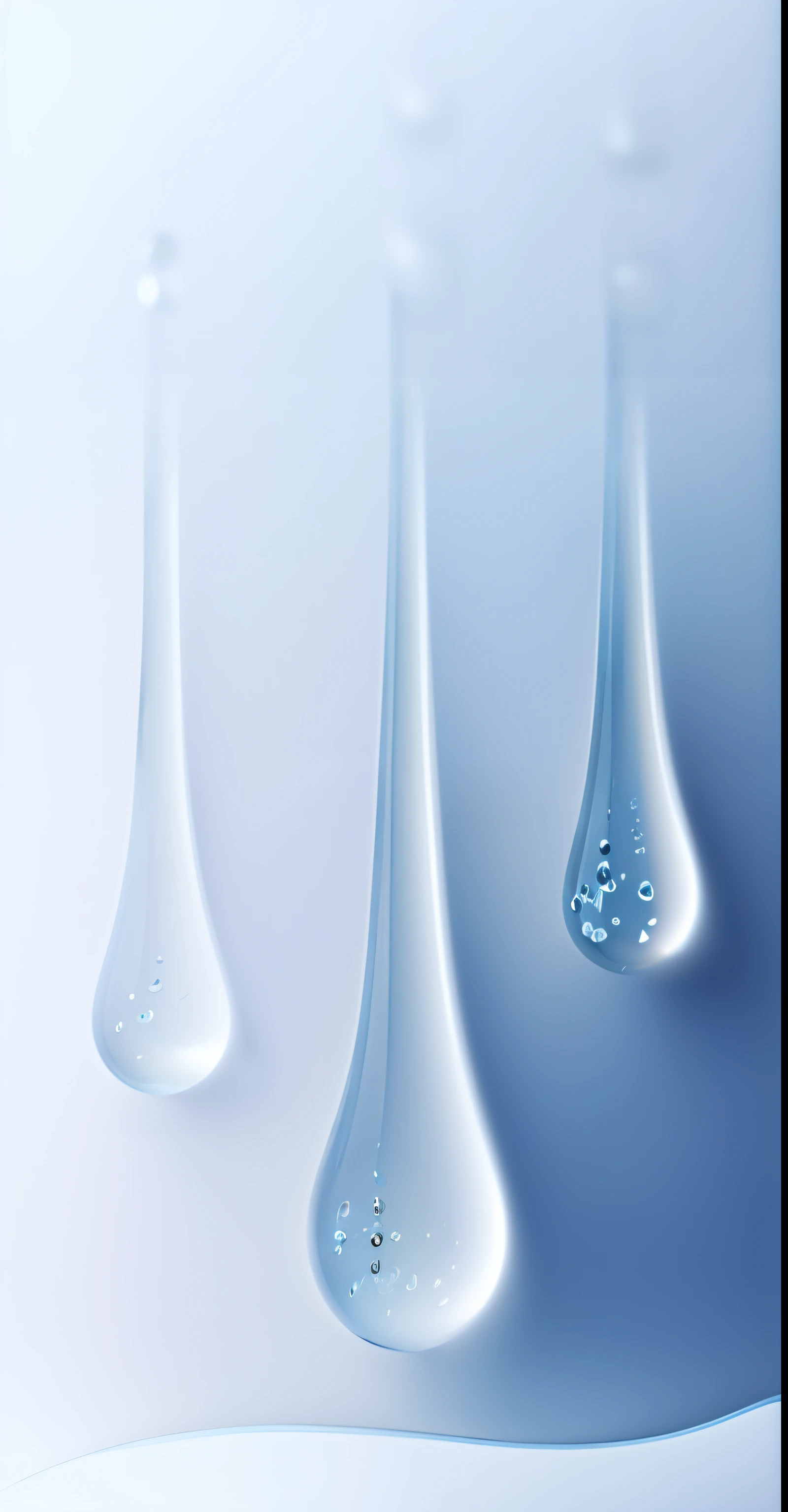 Three drops of water are displayed on a white surface, transparent droplets, dripping light drops, drops are falling from above, tear drops, water droplets frozen in time, The drops, drops of clean water, water dripping, water dripping, water dripping, water dripping, condensation droplet render, Water droplets, drippy, droplets