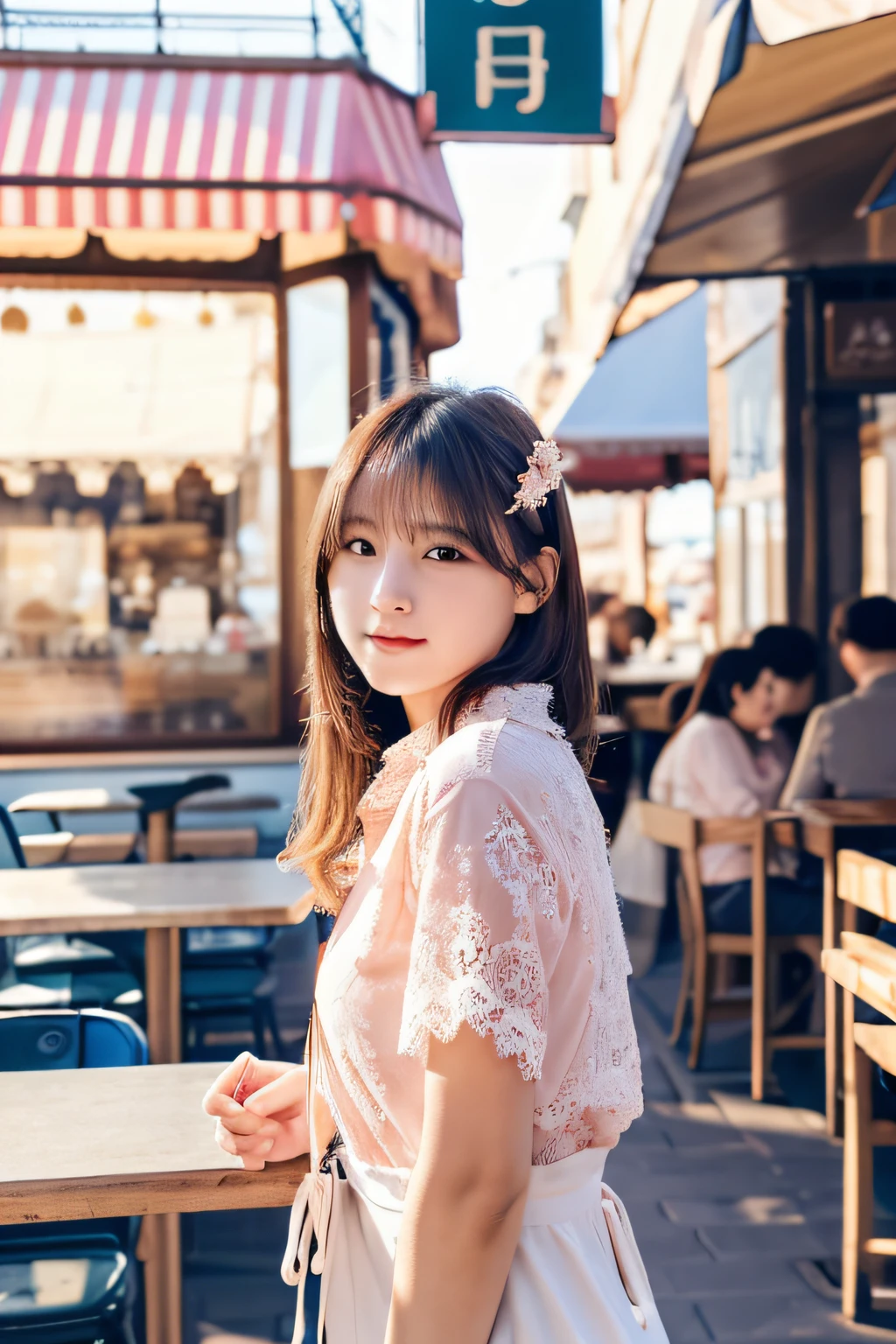 (masutepiece) Finest quality, Ultra-detailed, Ultra-realistic, 18 Year Old Woman, line of sight, beautiful person, Lace light pink shirt and beautiful white hot pants in cold, sepia tones, A seaside café in the background, High-resolution display, Realistic lighting and shadows, Breathtaking. A full body photograph of beautiful、