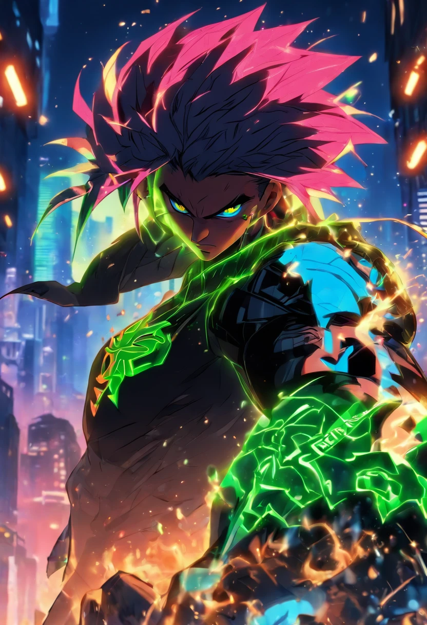 (best quality, highres, ultra-detailed), Masterpiece, full body, (((Razer from DC comics))) a young man standing in a devastated town at sunset, white short hair, blue eyes, grayish skin with simple tribal tattoos in the face, tall male, shy,, tribal clothes, splash back jjjground, gritty, contour, neon color, 2d, vector, sticker, detailed