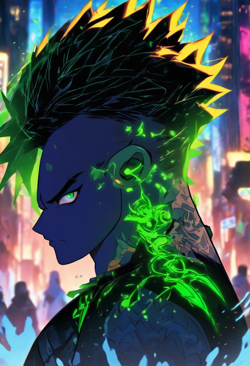(best quality, highres, ultra-detailed), Masterpiece, full body, (((Razer from DC comics))) a young man standing in a devastated town at sunset, white short hair, blue eyes, grayish skin with simple tribal tattoos in the face, tall male, shy,, tribal clothes, splash back jjjground, gritty, contour, neon color, 2d, vector, sticker, detailed