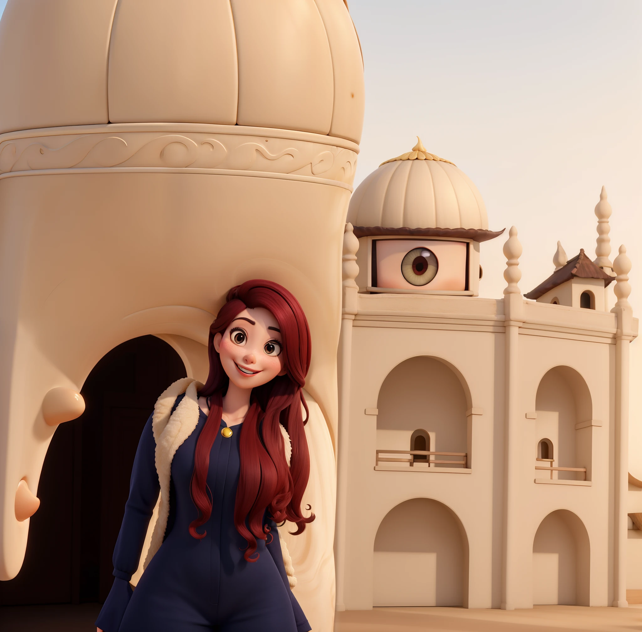 Mulher parda clara, sorridente, cabelo muito longo com luzes loiras, Asian eyes, nariz bulboso, wide lips, rosto oval, estilo pixar