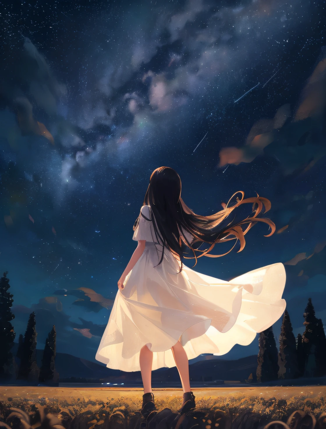 (High quality, 8K), Stars, Long hair, Girl standing in the middle of a field looking at the stars, cosmic sky. (Back shot), White Dress, dark sky, landscape, Beautiful starry sky, milkyway