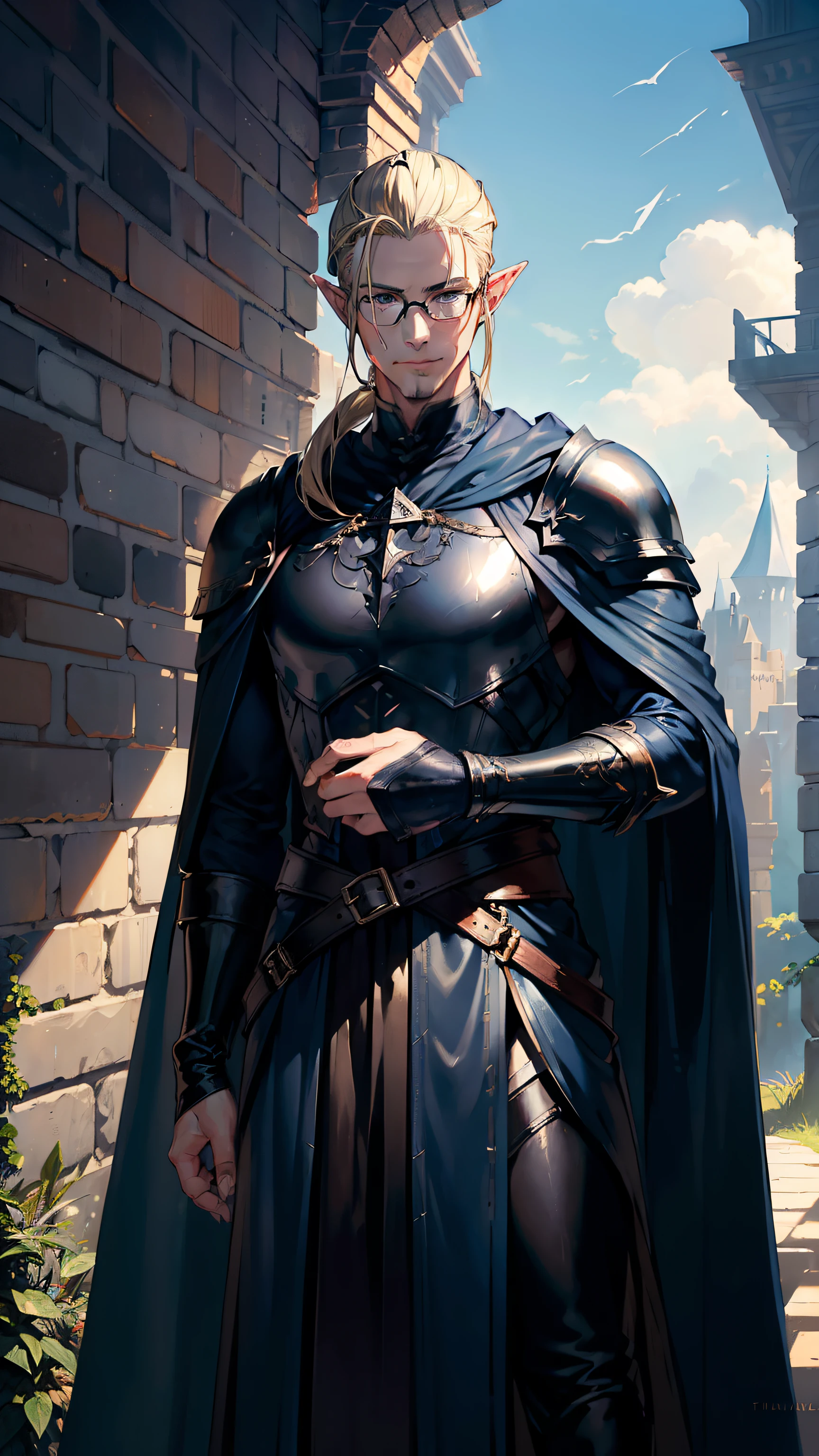 (((((male))))), masterpiece, ultra detailed, 8K Portrait, Raw photo, man's portrait photography, Highly detailed face, beautiful and meticulous eyes, ((Fantasy)), 35 years old (((man))), (((Male body))), elf, 190 cm, tall, Glasses, ((Blonde)) Ponytail (((slick back hair))), Kind face, Smile, adventurer, Hooded (((Dark blue silk long cloak))) Fluttering in the wind, (((Male White leather Armor))), Leather boots, Holding a long magic sword, Midday Sun, Hyper realistic, Strong body, Long legs, in a castle, Ambient lighting, Shadow details , Camera focus on face, strong breeze, Light fog