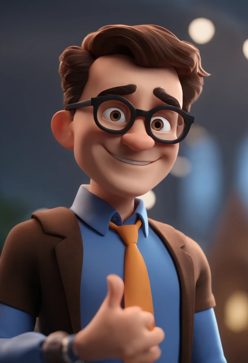 Cartoon character of a man wearing black glasses and a blue shirt, um personagem animado, Caractere estilizado, animation style rendering, 3D estilizado, Arnold Maya render, 3 d render stylized, toon render keyshot, Personagem 3D, Personagem 3D, 3d rendering stylized, 3 d character render, personagem de desenho animado, Personagem de close up, Pose de personagem, (Estilo Pixar) (master part:1.2) (Bokeh) (best quality) (pele detalhada) (textura detalhada) (8k) (argila) (Cinematic lighting) (foco nítido,Senta e vaza a parte superior do corpo