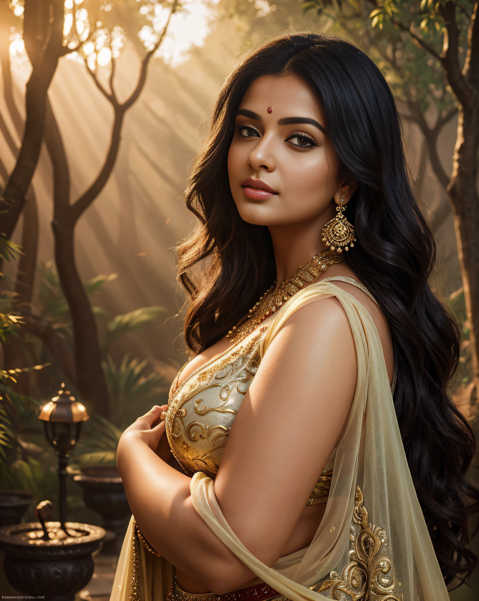 (masterpiece portrait photography:1.3) of a (solo:1.3) ravishing alluring curvy chubby arabian princess woman Aishwarya Nair ,posing in a ornate arabian garden, wearing nikaab, cape & sheer harem pants, navel, (ravishing wavy backlit hair), cinematic , lustful glance, (deep intricate eyes:1.3), (passionate expression:1.3)  dramatic lighting, depth of field, backlit, light rays, highly detailed, trending on artstation, paint splashes, rich colour, mythological portrait, by Guweiz & greg rutkowski