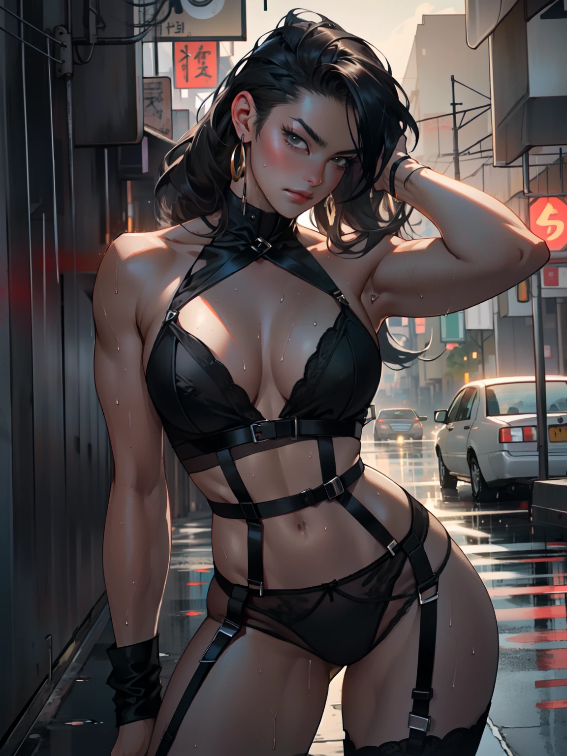 ((Best quality)), ((masterpiece)), ((realistic)), ((beautiful female model)), (milf:1.4), (sexy lingerie:1.4) - "As the sun sets on a sultry summer night, an alluring female model with a daring undercut and captivating gray eyes poses against a backdrop of a vibrant city skyline. She radiates confidence in her seductive emerald green lingerie, hugging her muscular body with perfection. Her long, sculpted legs, muscular thighs, and well-toned arms exude power and sensuality. This mesmerizing portrait, immersed in the urban atmosphere, captures the essence of modern beauty and allure on eye level, scenic, masterpiece, very thin waist, huge hips, (asian girl:1.3), (sexy pose:1.1), (Sexual pose:1.3), , slave, sexual slave, wet skin, sweaty,