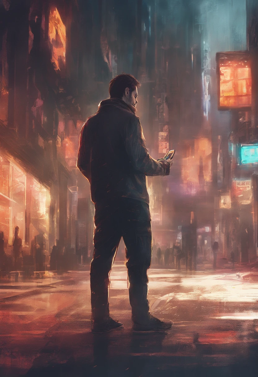 a person who uses a cell phone heaving an emotion or excitement on his face. whereas it looks sketchy, like drawn style. 8k ultra realistic. More pixels, cinematic color grading, cinematic lighting in a wonderful street.