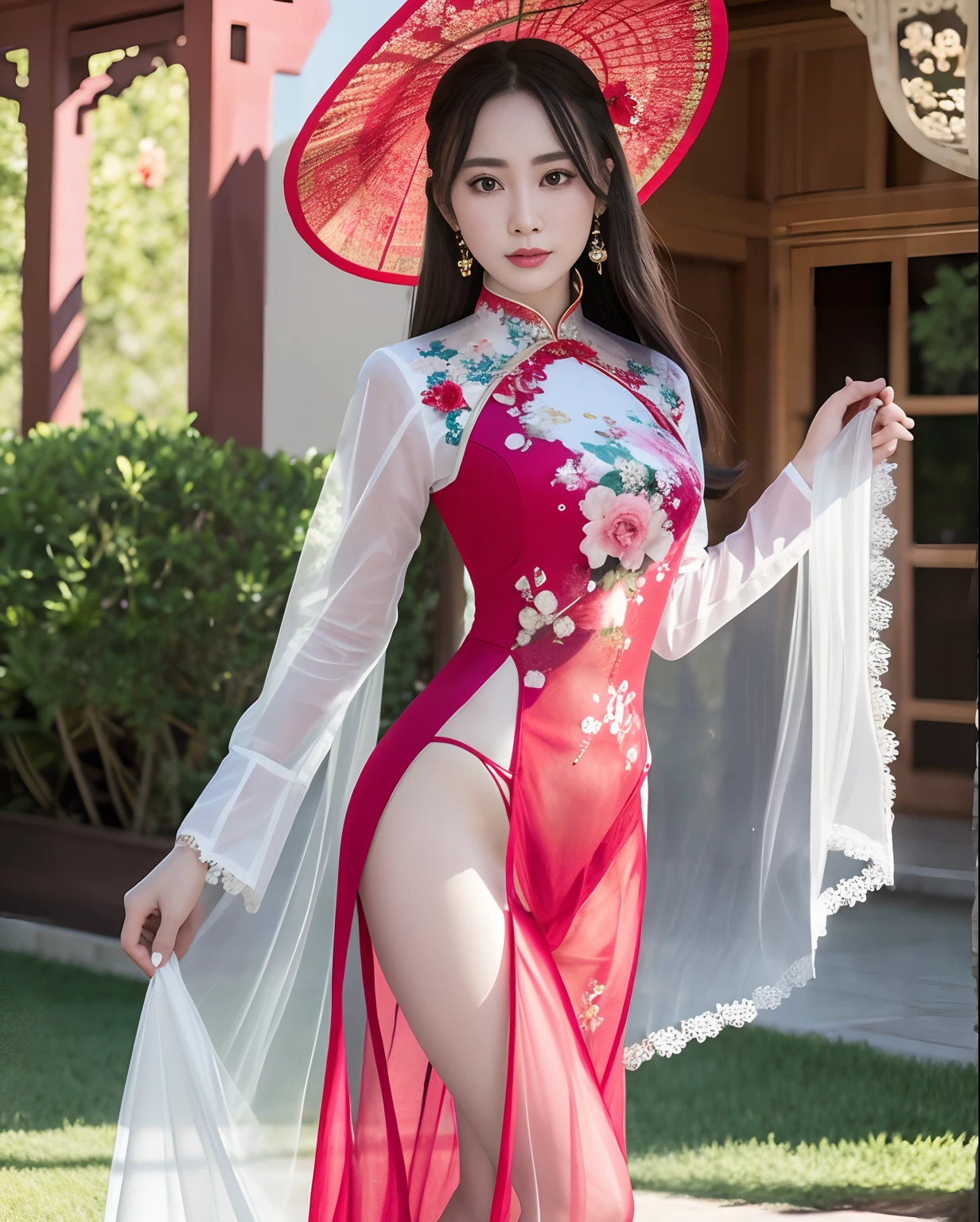 Timeless charm、Elegance、Ultra ultra high definition like a photo movie、Super Real、8K、nffsw、An ultra-high picture quality、​masterpiece、In the middle of the flower garden、cowboy  shot、Vietnamese girl、One girl、kindly smile、Standing、(Red translucent ao dai:1.5)、(Translucent Ao Dai:1.5)、Beautiful sexy bra、Beautiful sexy panties、soft smiling、Black eyes、Long black hair flowing back、beautiful countenance、Exquisiteface、perfectly proportions、Drop-shaped chest、爆乳、Constriction、Navel、Crotch gap、Enhanced round buttocks、well-shaped neat buttocks、thighs thighs thighs thighs、Sexy Soft Pose、Curved shape、beautiful curves、Maximum 4 fingers and 1 thumb relationship, balanced body shape with a length of 7 heads,, Elegant and vivid Ao Dai、relax、Flowers blooming around、complex pattern、Vibrant colors、Garden with colorful flowers、A paradise of natural beauty、A quiet、Gorgeous、(Depth Fields:1.3), Beautiful flower garden in the background、(the background is blurred:2）、