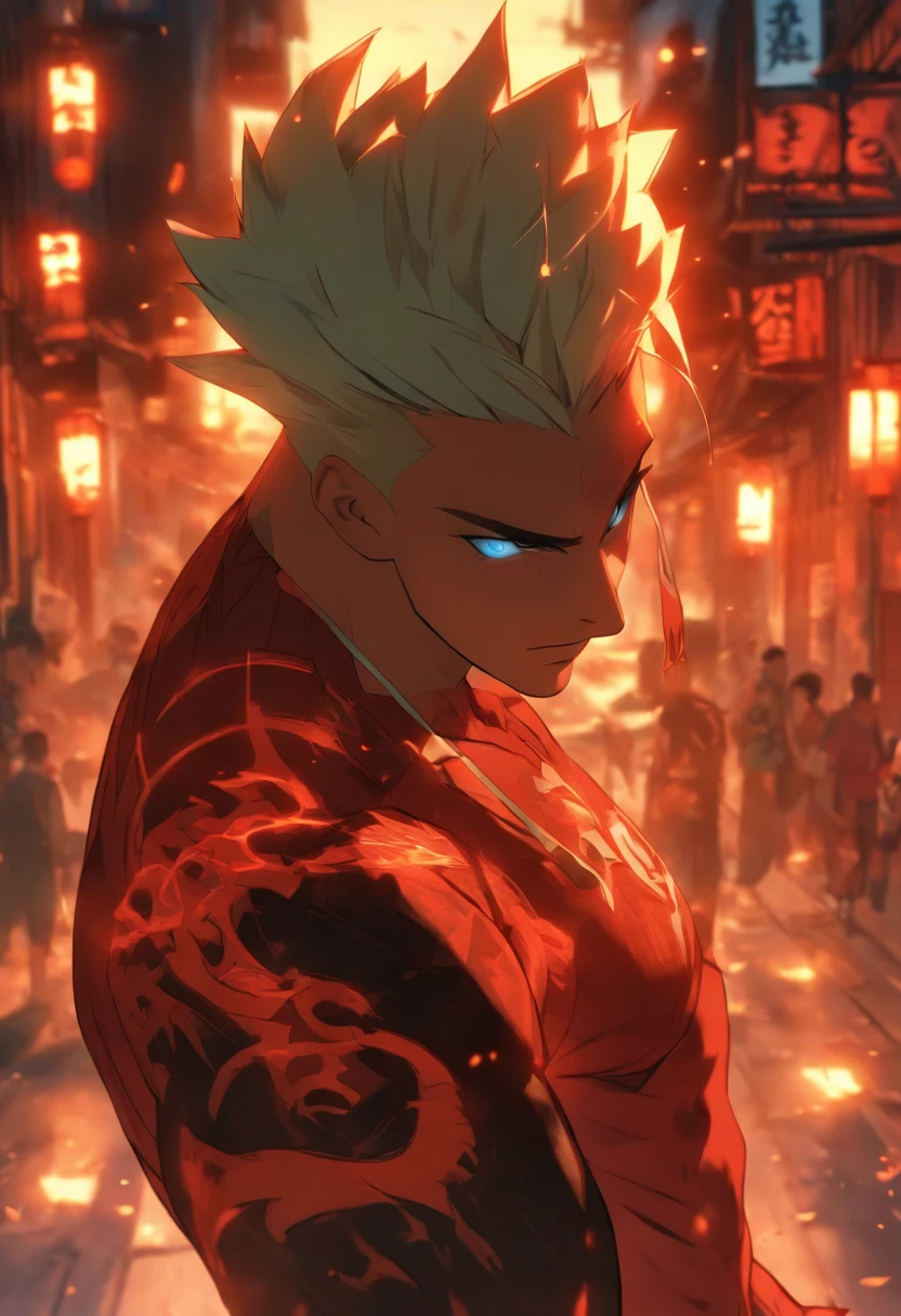 (best quality, highres, ultra-detailed), Masterpiece, full body, (reference: Razer from DC comics, red lantern) a young man standing in a devastated town at sunset, white short hair, blue eyes, grayish skin with simple tribal tattoos in the face, tall male, shy, detailed