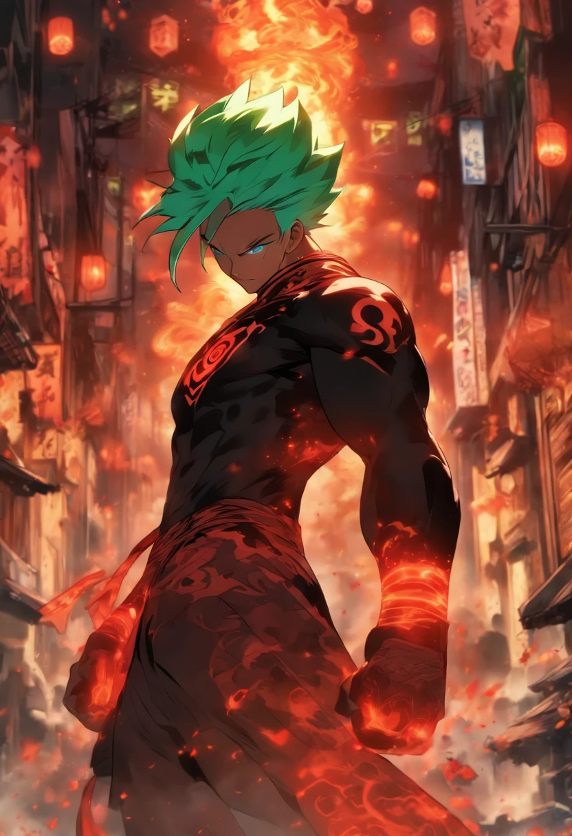 (best quality, highres, ultra-detailed), Masterpiece, full body, (reference: Razer from DC comics, red lantern) a young man standing in a devastated town at sunset, white short hair, blue eyes, grayish skin with simple tribal tattoos in the face, tall male, shy, detailed