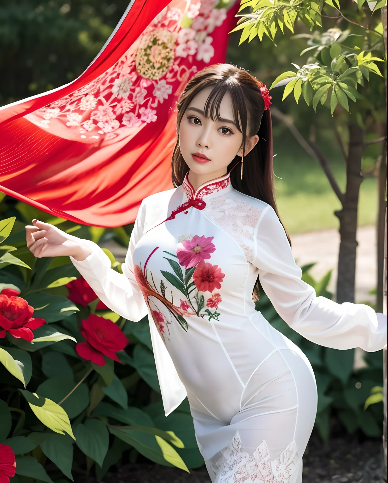Timeless charm、Elegance、Ultra ultra high definition like a photo movie、Super Real、8K、nffsw、An ultra-high picture quality、masterpiece、(NSFW:1.5), In the middle of the flower garden、cowboy shot、Vietnamese girl、One girl、(Red See-Through Lace Ao Dai:1.5)、(Translucent Ao Dai:1.5)、soft smiling、Black eyes、Long black hair regurgitated、beautiful countenance、Exquisiteface、perfectly proportions、Drop-shaped chest、爆乳、Constriction、Navel、Crotch gap、Reinforced round buttocks、well-shaped neat buttocks、thighs thighs thighs thighs、Sexy Soft Pose、Curved shape、beautiful curves、Elegant and vivid Ao Dai、(The beauty of the ao dai and the beauty of the phoenix feathers blend seamlessly:1.1)、(Dance in a kaleidoscope of vibrant colors and patterns)、Flowers blooming around、Complex pattern、Vibrant colors、Garden with colorful flowers、A paradise of natural beauty、A quiet、Gorgeous、Beautiful flower garden in the background、(the background is blurred:2)、