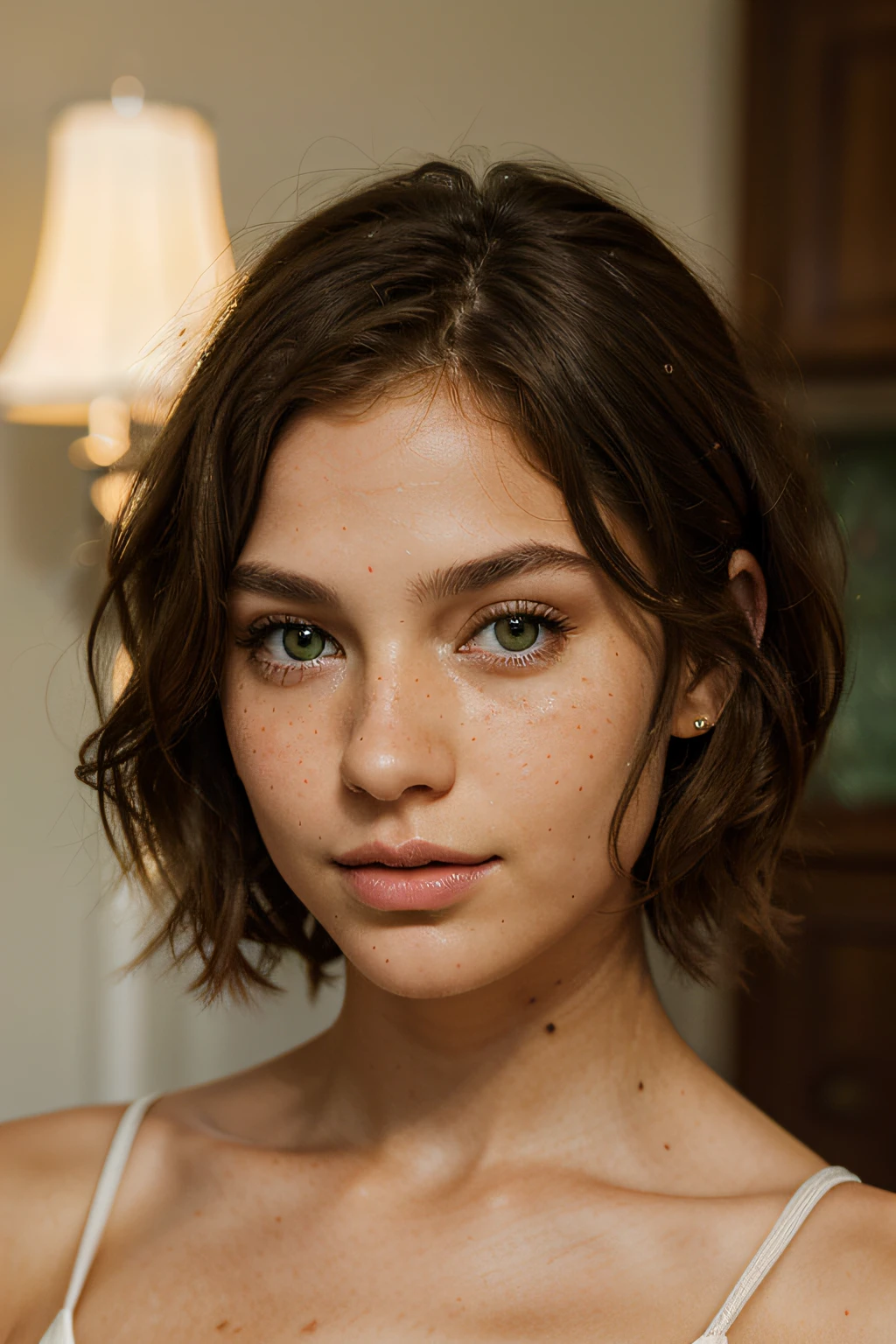 portrait of a young woman with green eyes, short wavy brown hair, tanned, delicate face, full lips, light freckles, delicate nose