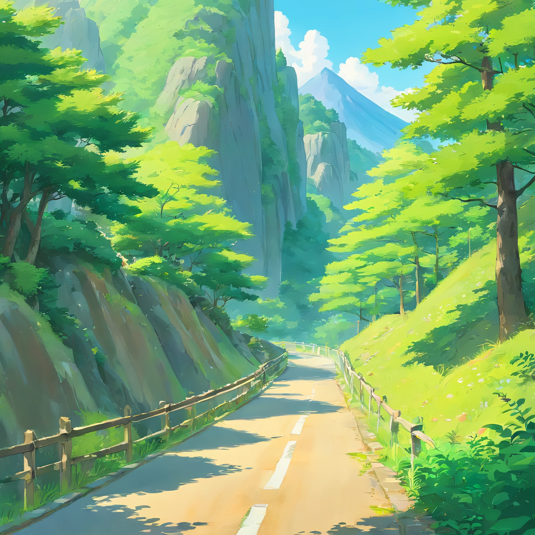 Rugged mountain roads,Clear and transparent lake,the trees,bushes,falling leaf,sun at dawn,Cliffs and mountains,The morning sun that does not dazzle,
