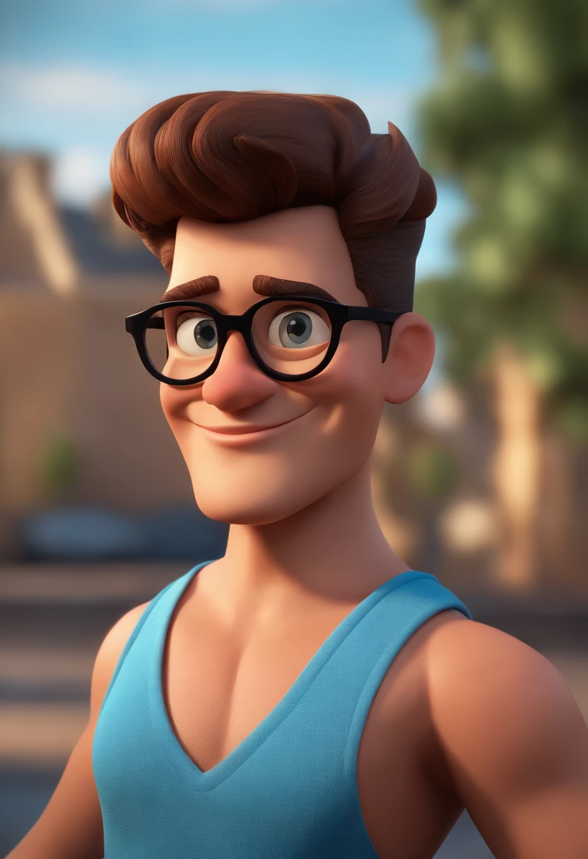 Cartoon character of a man wearing black glasses and a blue shirt, um personagem animado, Caractere estilizado, animation style rendering, 3D estilizado, Arnold Maya render, 3 d render stylized, toon render keyshot, Personagem 3D, Personagem 3D, 3d rendering stylized, 3 d character render, personagem de desenho animado, Personagem de close up, Pose de personagem, (Estilo Pixar) (master part:1.2) (Bokeh) (best quality) (pele detalhada) (textura detalhada) (8k) (argila) (Cinematic lighting) (foco nítido，Senta e vaza a parte superior do corpo