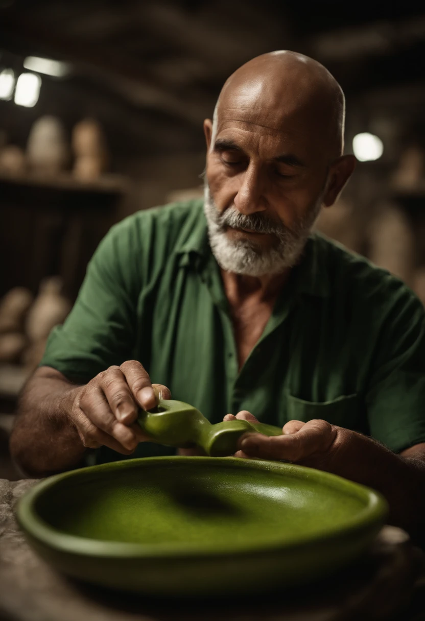 Retrato de um pai, com 55 anos, corpo bem atletico, ceramista, de avental verde, With clay in his hands. Seu rosto com barba estilo motoqueiro grisalha, bald head, sem cabelo. Trabalhando em um torno ceramico, Inside an atelier full of biomorphic sculptures, do seu lado uma linda mulher tambem ceramista, ela tem um rosto pequeno com queixo fino, orelhas pequenas, olhos amendoados, cabelos curtos ondulados grisalhos, usando um avental verde, e um vestido verde florido, as maos cheia de argila. Os dois trabalhando juntos e sorrindo olhando pra uma escultura que fizeram juntos.