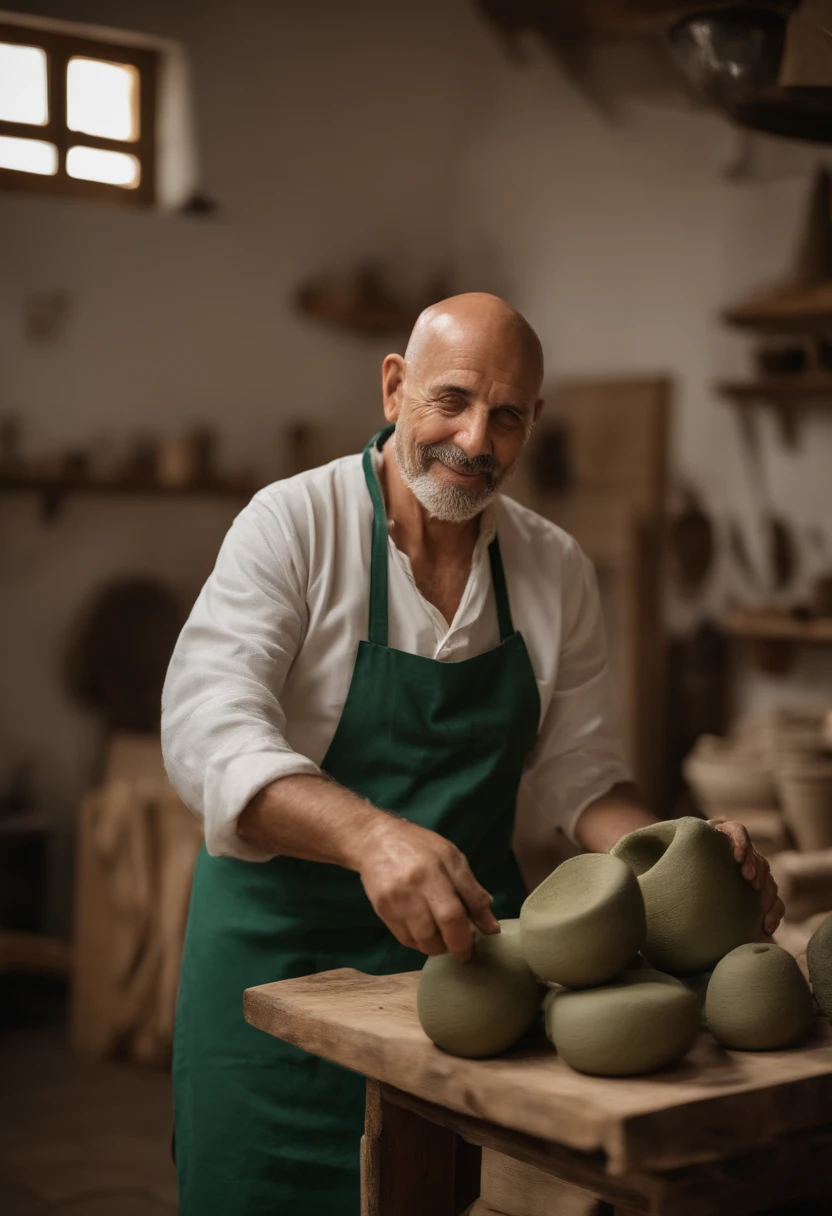 Retrato de um pai, com 55 anos, corpo bem atletico, ceramista, de avental verde, With clay in his hands. Seu rosto com barba estilo motoqueiro grisalha, bald head, sem cabelo. Trabalhando em um torno ceramico, Inside an atelier full of biomorphic sculptures, do seu lado uma linda mulher tambem ceramista, ela tem um rosto pequeno com queixo fino, orelhas pequenas, olhos amendoados, cabelos curtos ondulados grisalhos, usando um avental verde, e um vestido verde florido, as maos cheia de argila. Os dois trabalhando juntos e sorrindo olhando pra uma escultura que fizeram juntos.