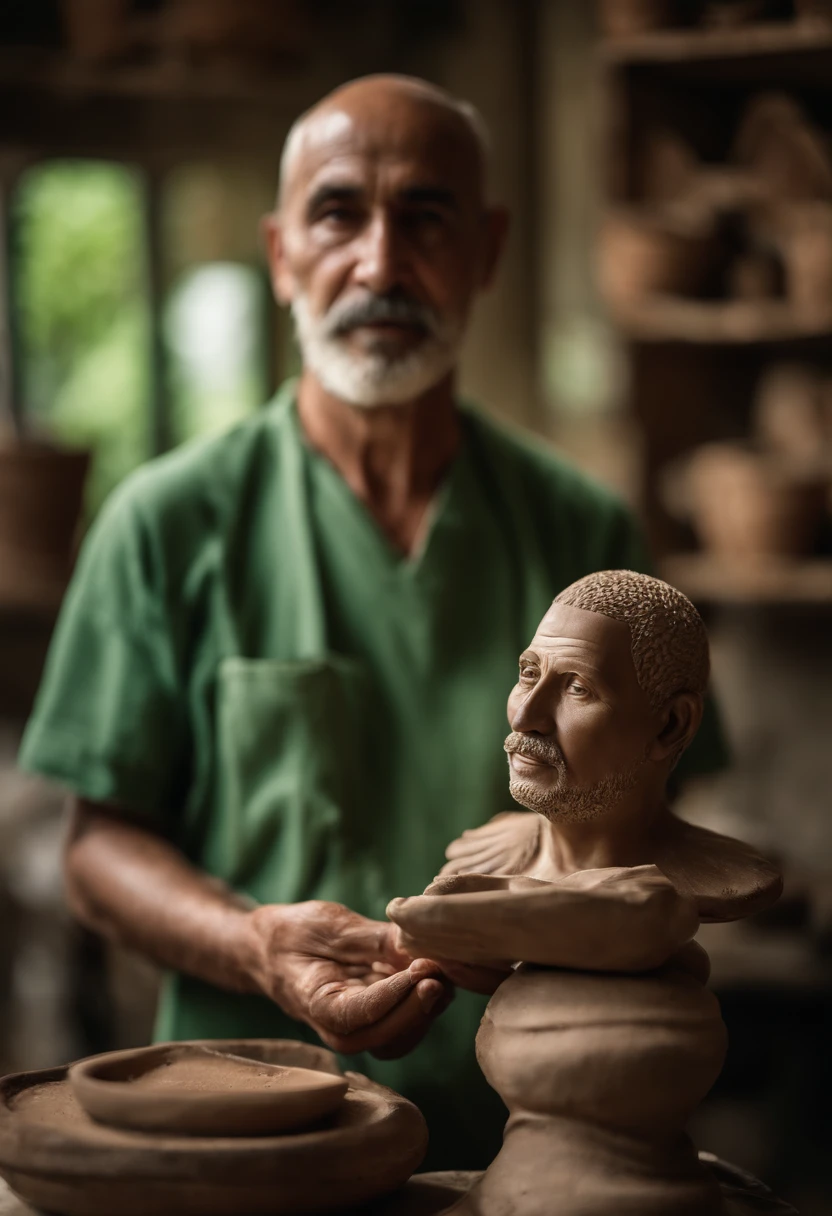Retrato de um pai, com 55 anos, corpo bem atletico, ceramista, de avental verde, With clay in his hands. Seu rosto com barba estilo motoqueiro grisalha, bald head, sem cabelo. Trabalhando em um torno ceramico, Inside an atelier full of biomorphic sculptures, do seu lado uma linda mulher tambem ceramista, ela tem um rosto pequeno com queixo fino, orelhas pequenas, olhos amendoados, cabelos curtos ondulados grisalhos, usando um avental verde, e um vestido verde florido, as maos cheia de argila. Os dois trabalhando juntos e sorrindo olhando pra uma escultura que fizeram juntos.