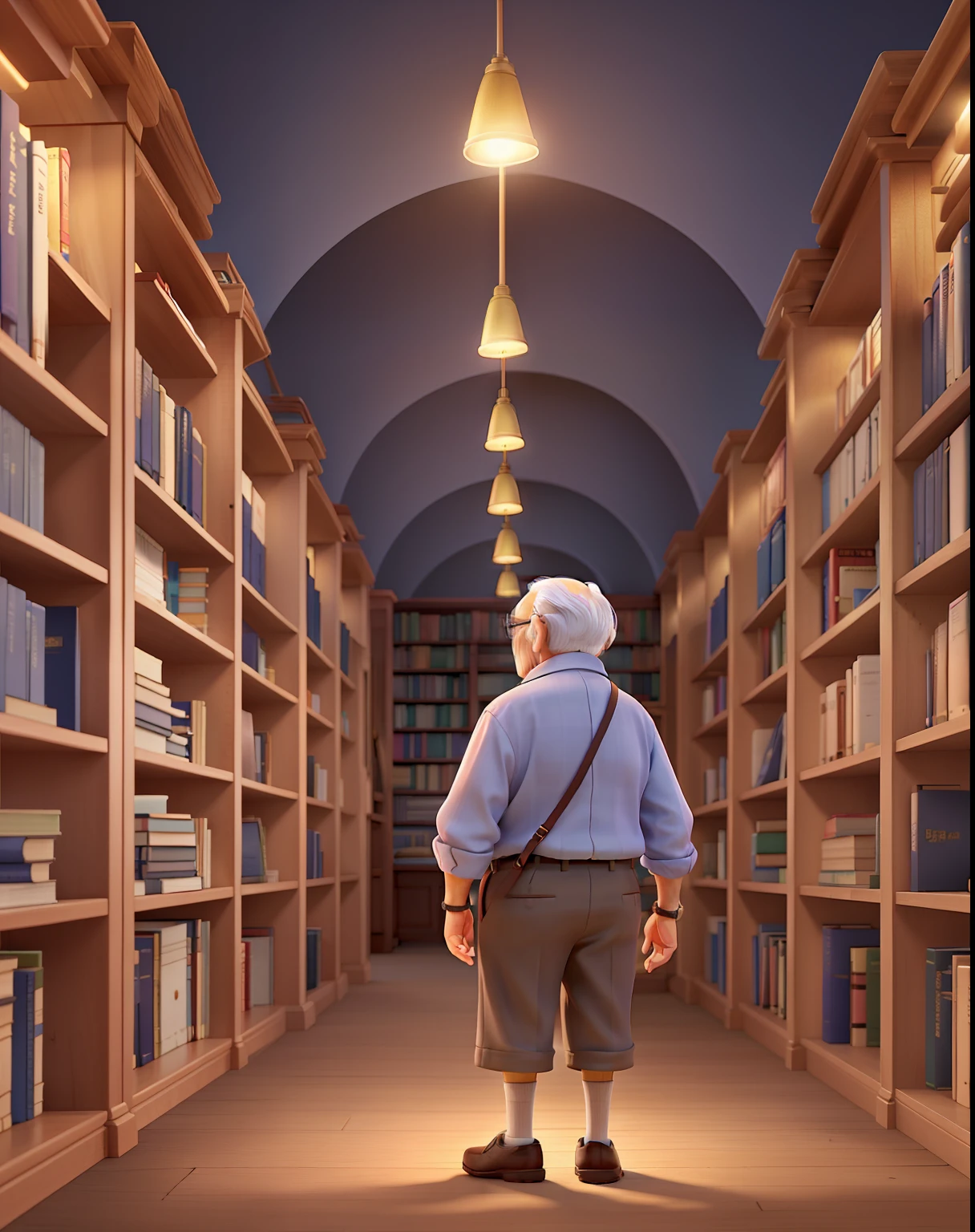 A wise old man standing in front, illuminated by the light of a lamp, against the backdrop of a library