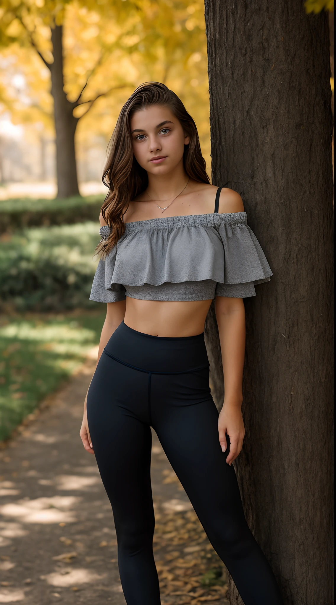 16 year old pre-teen, off-the-shoulder top, leggings, ray tracing, HDR