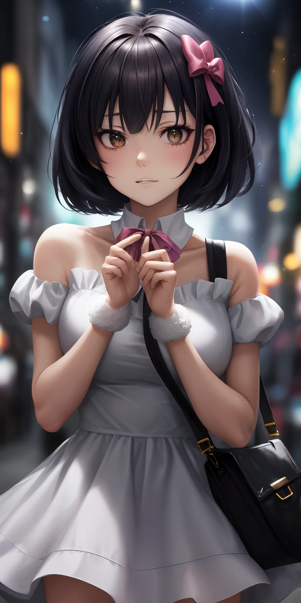 (masutepiece, Best Quality, Ultra High Resolution),1girl in,Pink dress, Ruffled dress, princess dress,Twin-tailed,Bags under the eyes, sour look,pale skin,beautiful and detailed face, Detailed eyes,(grey theme)，frilld，Holding a black cat，bow ribbon，Transparency，fluorescent，Sparkling eyes, short-hair, Christmas, Background white