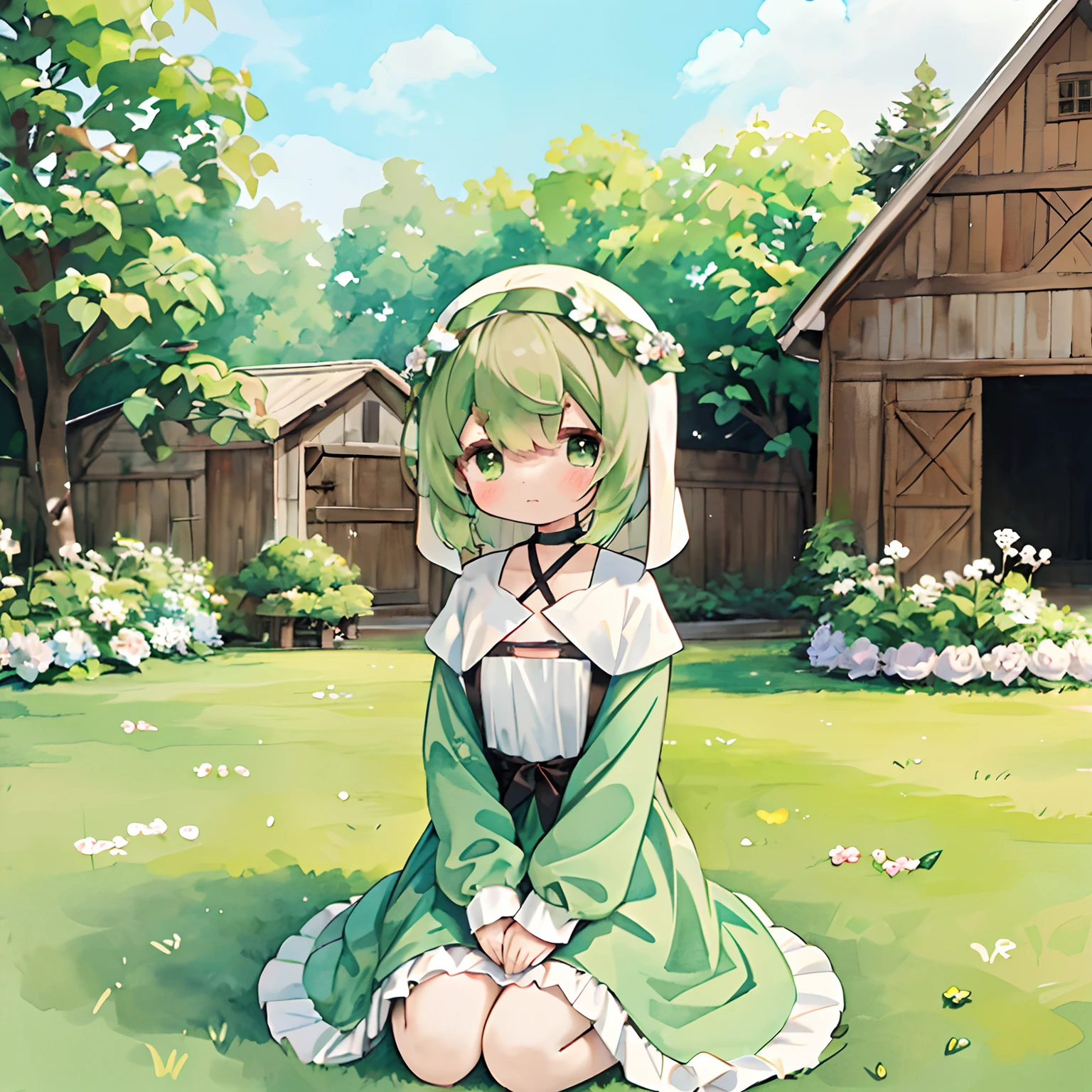 ,(pastel colours:1.3)、(cute illustration:1.3)、(watercolor paiting:1.1)、(chibi:1.3) 、1girl in、>:(, :<, jitome, (sullenness:0.8),aversion to the eye, Excessively detailed collarbone, V-shaped eyebrows, (Brown Eyebrows Little:1.3), (Medium green hair:1.2), (gray strands of hair:1.1), Green eyes, (Nun's clothes:1.1), wimple, (bridal veil:0.8), Choker, Lori, child face, barn, tiny breasts, (jerky:0.8),Summer wreaths、Sit down and look up、Loli girl、In the background is the monastery garden