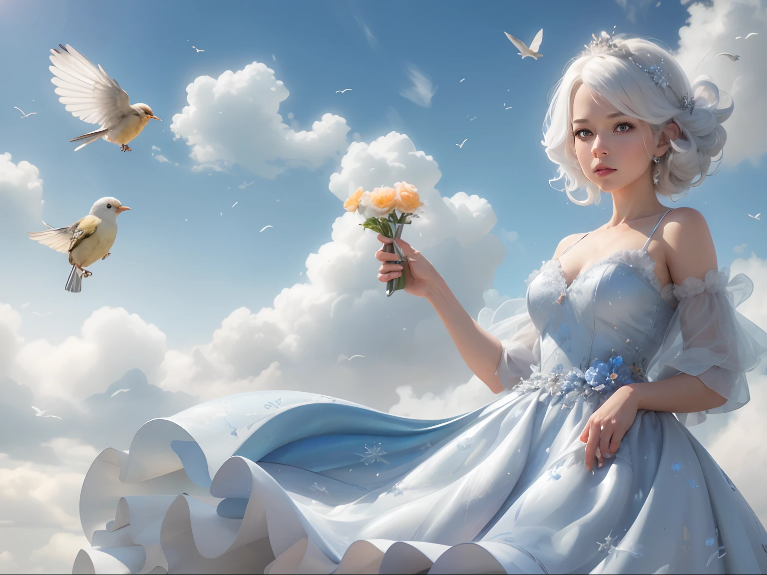 There was a fox-headed woman sitting on a rock,White fur on a fox's head,Woman body,Soft and light clothing,Skeleton on the ground,Flowing cloud,Cloud,the trees,fresh flowers,(nice hand),(Good feet),(good legs),realisticlying,white skinned,((Correct body structure)),White clothing,decorated in white,baiyun,Blue sky,Head background with round light,Behind him is a rainbow circle,Front lighting,Positive light,No shadows on the face,There are no shadows on the body,Blue sky,Unreal space,ethereal world,dreamworld,with blue sky and white clouds,tmasterpiece,4K,ultra-definition,professional photoshooting,