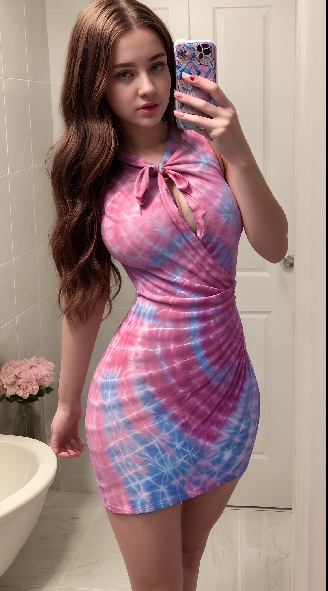 araffe 1girl ((nsfw))(16yearsold:1.2), 16 years old German girl, young divine-feminine girly, almond eyes, angelically face, (albinism skin), ((porcelain skin)), ((white skin)), ((pale skin)), cute , gorgeous, naughty, large huge shaped worked buttocks, taking a selfie in a bathroom mirror,(( tie_dye print tight dress)), tight attire, skintight dress, skinny waist and thick hips, big sexy booty, sexy dress, thigt at the skin, muscle shaped in thigt clothes, minidress, kawaii girl fan, kitty fandom bathroom, (16 years old), thicc, voluptuous photo of slim girl, in tie_dye print ((tight minidress)), hyper intricate beautiful detailed.