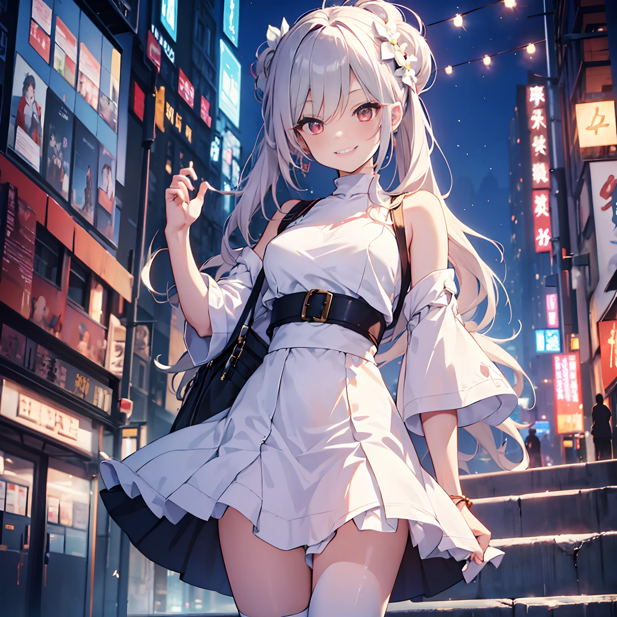 (Masterpiece, 8k, 1 girl, solo, Mutsuki, Blue_Archive, mature woman), white long hair, sidebangs, let down hair, hair between eyes, medium breasts, hair accessory, deep red eyes, casual outfit, cute white dress, long skirt, kneehighs, city in background, gorgeous girl, warm colours, smirk, grinning, sexy pose, standing