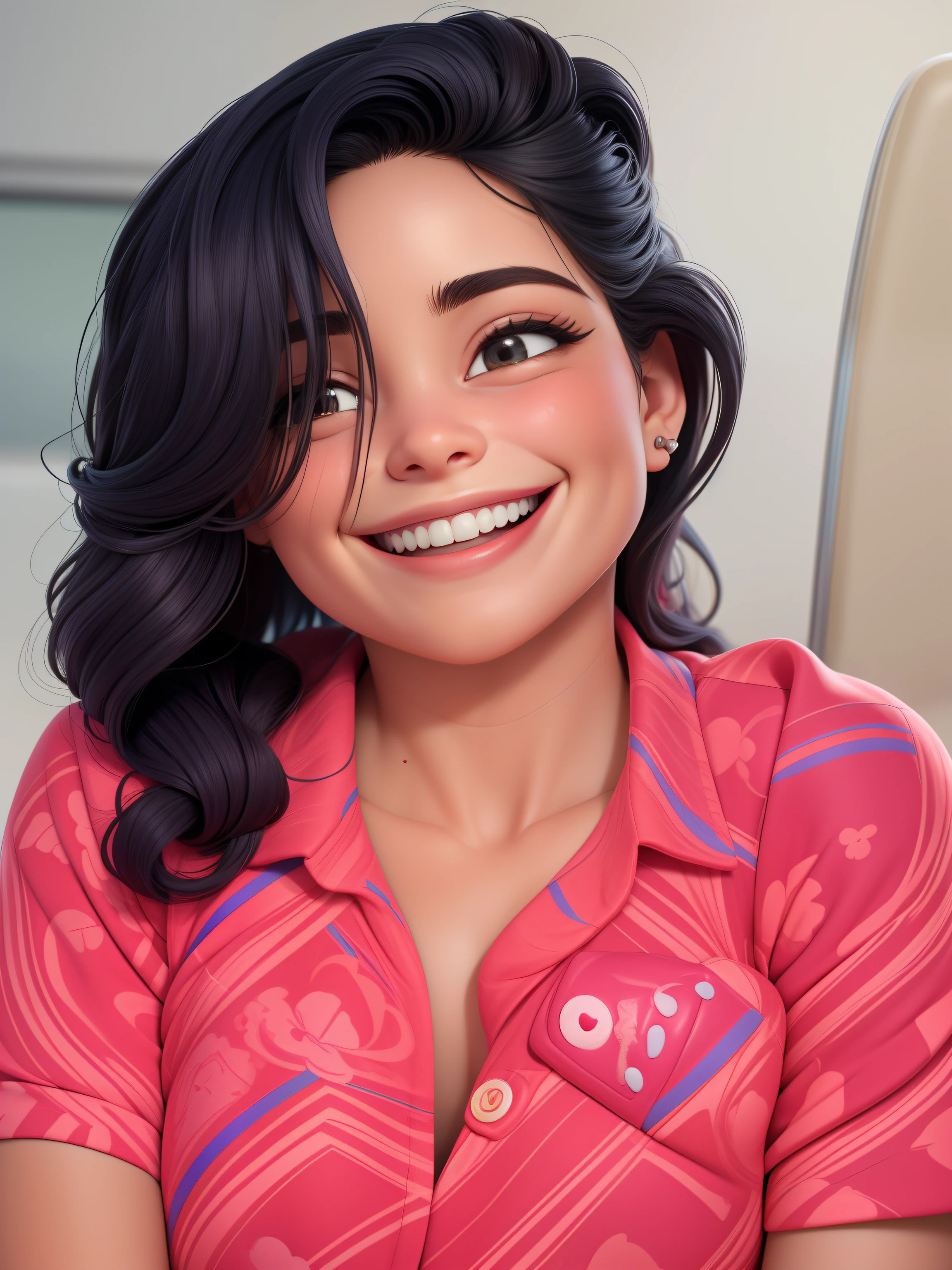 mulher sorridente com longos cabelos pretos vestindo uma camisa rosa, she is smiling and happy, She is grinning, she is smiling and excited, bonito e sorridente, grande sorriso em seu rosto, brincando de camisa rindo, She is laughing, sorrindo docemente, sorrindo rindo, rosto sorridente bonito, happily smiling at the camera, she is in pure bliss, ela expressando alegria