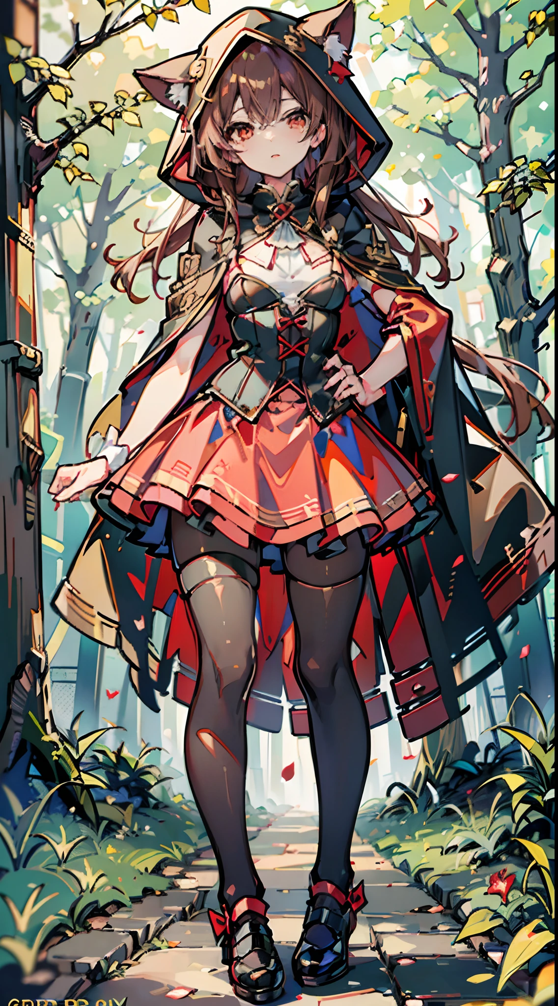 anime,1girl,solo,little red riding hood (grimm),fishnets,basket,pantyhose,hand on hip,brown hair,standing,fishnet pantyhose,full body,hood,black footwear,holding,red hood,little red riding hood (grimm) (cosplay),skirt,cloak,red skirt,red cape,corset,red cloak,long hair,fruit,brown eyes,cape,dress,looking at viewer,apple,red lips,forest,