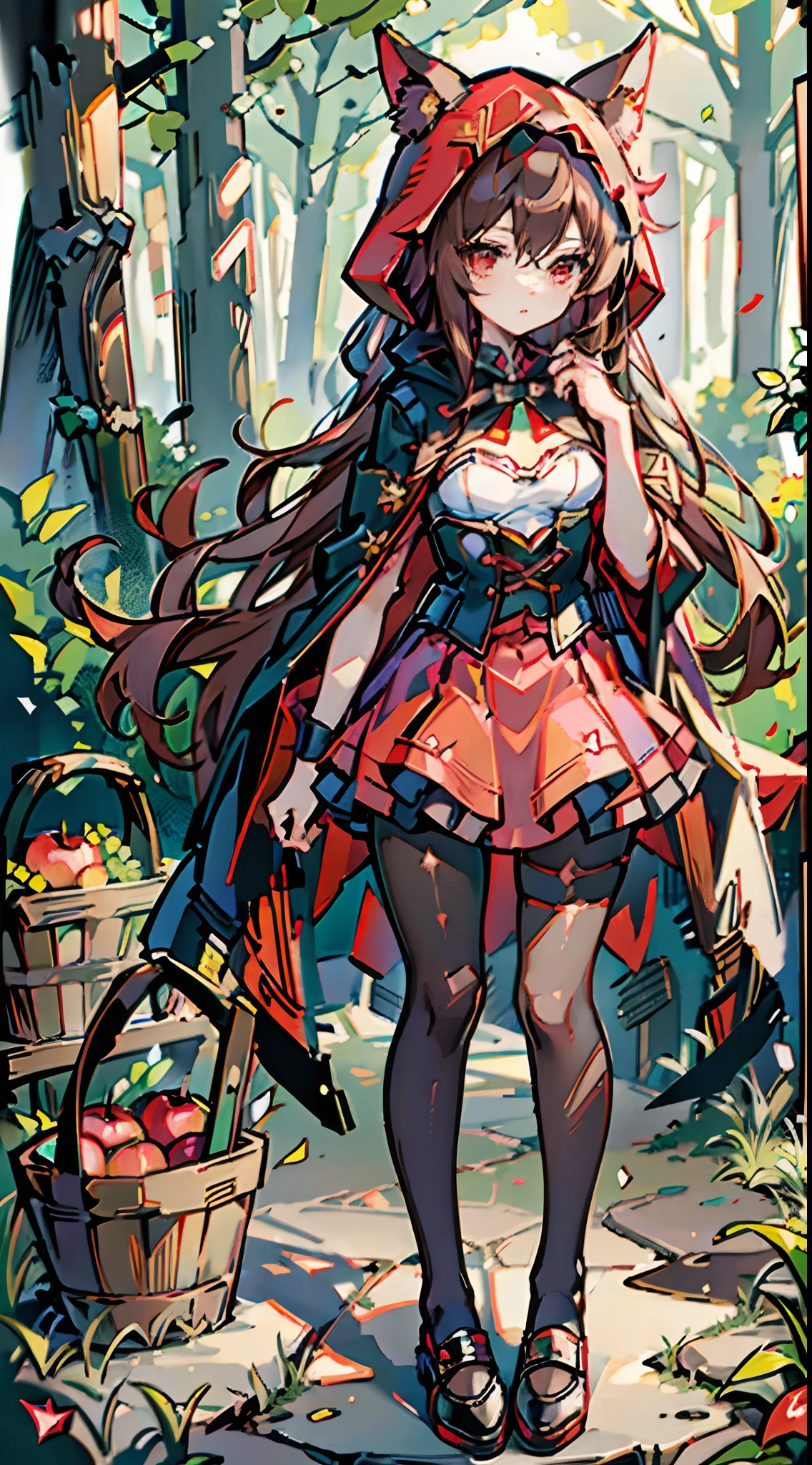 anime,1girl,solo,little red riding hood (grimm),fishnets,basket,pantyhose,hand on hip,brown hair,standing,fishnet pantyhose,full body,hood,black footwear,holding,red hood,little red riding hood (grimm) (cosplay),skirt,cloak,red skirt,red cape,corset,red cloak,long hair,fruit,brown eyes,cape,dress,looking at viewer,apple,red lips,forest,