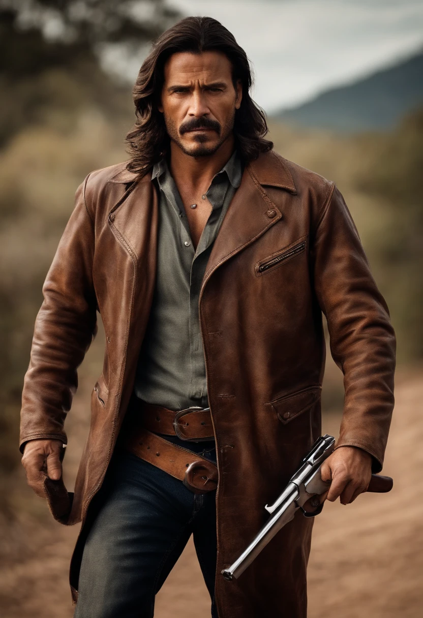 Desenhe um alto, homem encorpado com cabelos castanhos curtos e barba raspada. Your face is marked by scars and wrinkles, o resultado de anos de batalha e sofrimento. He wears a worn-out leather jacket and tattered jeans. At his waist is a sharp machete and an antique pistol. His brown eyes express determination and sadness.