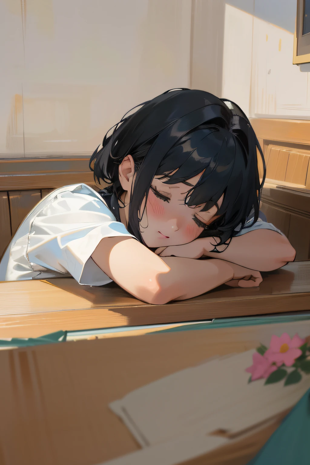 (best quality,4k,8k,highres,masterpiece:1.2),ultra-detailed,(realistic,photorealistic,photo-realistic:1.37),anime style,1 girl,cafe background,tables,lots of flowers,girl sitting at a table,fallen asleep,fallen asleep at the table,black short hair,waitress uniform,sleeping,closed eyes