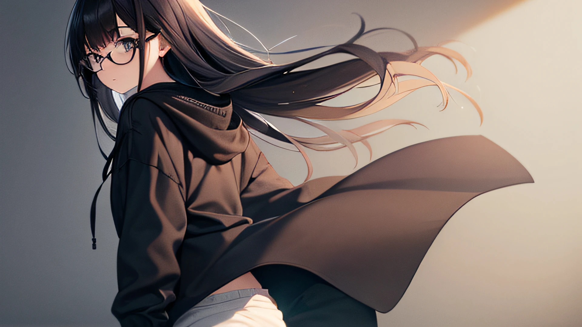 {watercolor painting},solo, one girl,beautiful painting,medium long hair,black shorts,eyes without light, Shaggy, disheveled and unkempt black hair, black eyes, glasses, dark blue hoodie, lack of motivation, hunched back
