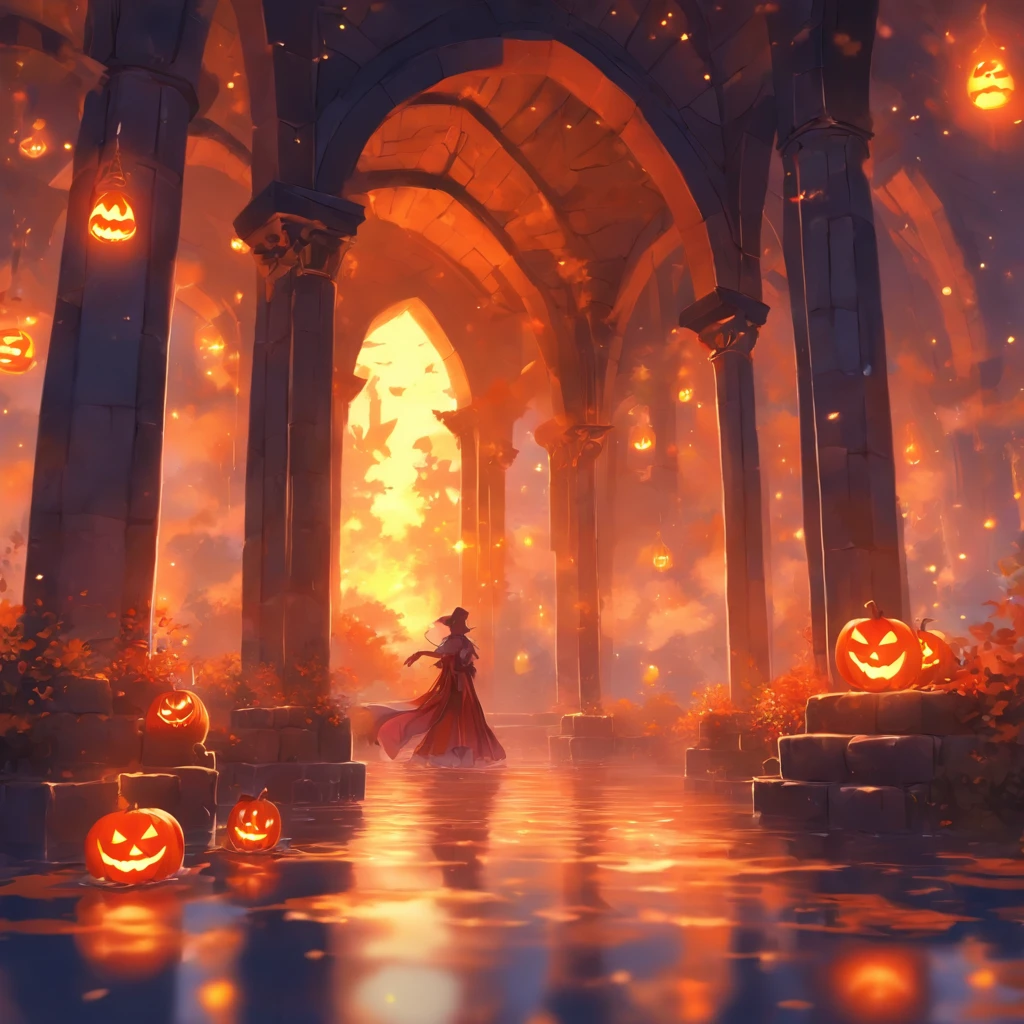 Halloween floating lights, cinematic light and reflections, Glowing lights, Intermediate metaverse elements,Digital painting, glowing reflections, Pondering, Halloween Jack Lantern, calm evening, Digital illustration, Beautiful atmosphere, Skylight at night, Peaceful evening atmosphere, Jack-o'-lantern, Halloween, the night, themoon, game scenes, Halloween, Surrounded by clouds, Architecture of medieval Europe, glazed tiles, European Union, Gorgeous colors, There are three arches in the foreground((Color ink)), ( (Splash ink ) ), ((Splash ink) Inky})), tmasterpiece, high qulity, Beautiful graphics, high detal,Magnificent