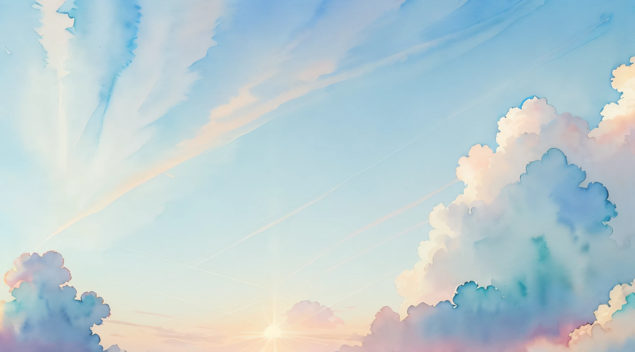 (Watercolor touch:1.4), ((Light blue and emerald green color scheme:1,3)) ,(Sun and sky:1.1)Chinese style painting, (The absence of humans and animals)、((light toned:1.3))(Pale blue daytime sky:1.4)、Blue sky at noon、fluffly, (Gradient color:1.4)、(Pale color:1.3)Iridescent sky、 ((top-quality)), ((tmasterpiece)), ( extreme hight detail, highestdetailed, offcial art, aestheticly pleasing:1.2), depth of fields, Beautiful bright sky style scene。Wallpaper 4k,Anime art wallpaper 8k, Amazing wallpapers, ,luminous sky heaven background, The colors of heaven, Background sky, Light gradient,soft sky, Colorful sky, ((pastel faded effect)), Ethereal background, sky gradient, pastel rainbow, Kingdom of Heaven background, Dreamy colors, dreamy sky, airy colors, Colorful sky, Mysterious clouds,