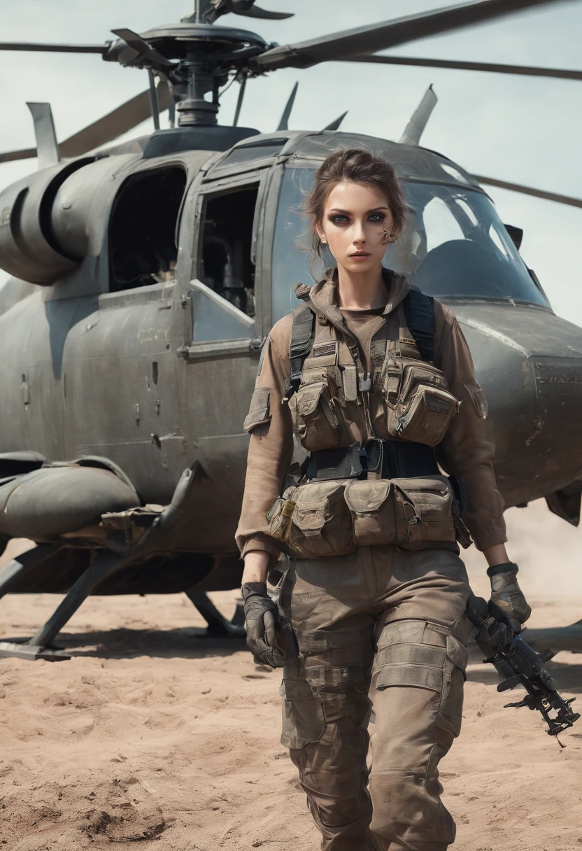 Post-apocalyptic battle scene with ((( Combat Helicopter))), wasteland, Smoke, debris, Camouflage mesh, Near-perfection, pure form, intricate detials, 8k post-production, High Resolution, super detaill, Trending on ArtStation, sharp-focus, studio photos, intricate detials, Very detailed, by Greg Rutkowsky
