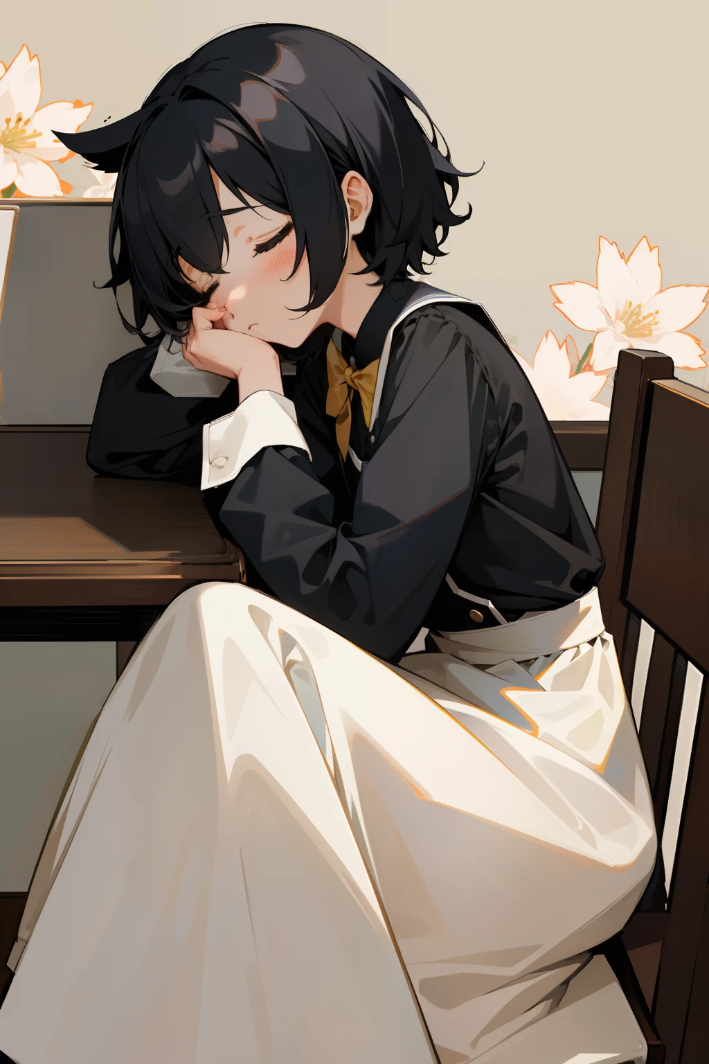 Anime style, 1 girl, 独奏, cafes, Cafe Background, Tables, lots of flowers, Girl sitting at the table, Fell asleep, fell asleep at the table. black short hair, Waiter's Uniform Clothes, waitress, Sleeps, covered eyes