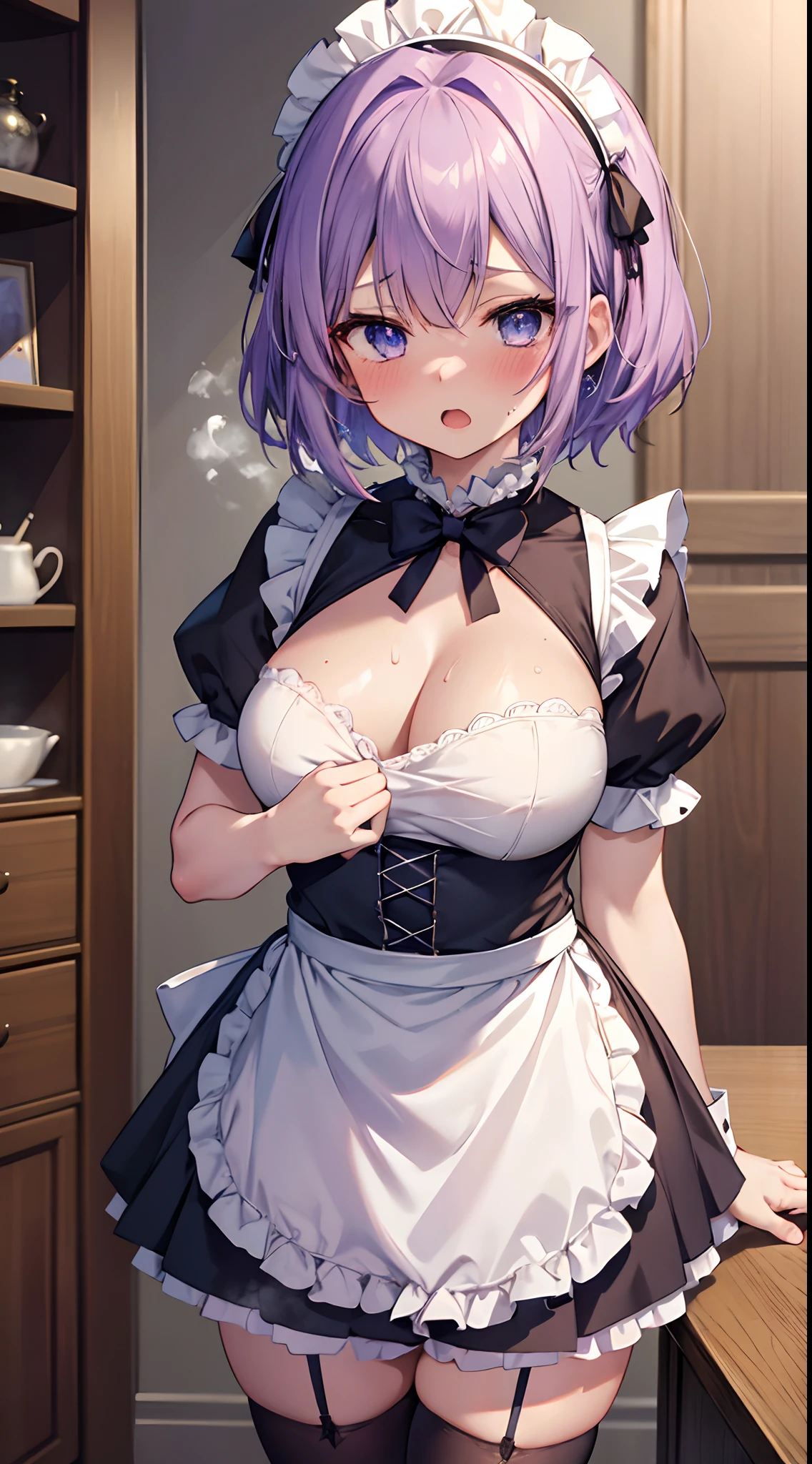 masterpiece, best quality, high resolution, extremely detailed, detailed background, cinematic lighting, dynamic angle, hoshizuki kaede, 1girl, purple hair, solo, breasts, looking at viewer, short hair, open mouth, blue eyes, cleavage, medium breasts, short sleeves, frills, choker, puffy sleeves, black thighhighs, puffy short sleeves, zettai ryouiki, wrist cuffs, maid, maid headdress, white apron, maid apron, sweat, blush, embarrassed , heavy breathing , steaming body, aroused, nsfw