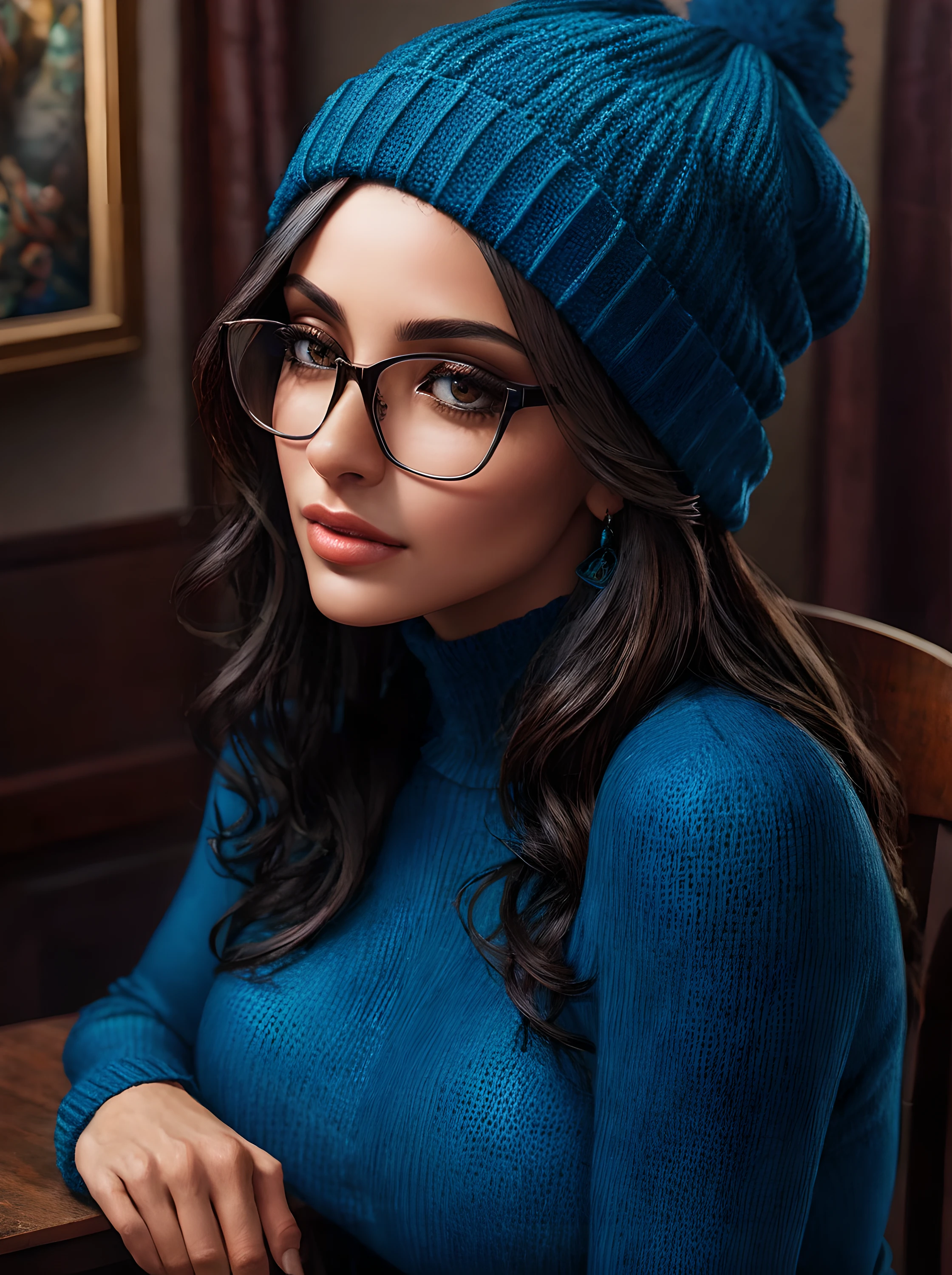 Photo of a gorgeous Latina woman in glasses sitting on a chair in the style of Stefan Kostic, realistic skin texture, Looking Up, knitted hat, black knitted sweater, Blue jeans, Focus on accentuated breasts, very sexy pose, Sexy look, very sexy outfit, 8.5mm Art Lens, f 1.2, Sharp focus, 8K High definition, Insanely detailed, Intricate, elegant art by Stanley Lau and Artgerm