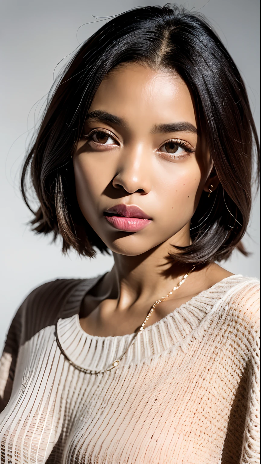 (beste-Qualit, 8k, 32k, master piece, UHD: 1.2), Photo of Pretty Senegalese Woman , gros seins, very short bob hair, haut du corps, mise au point du visage, oversized_sweater, collier, sinple background, from above, regardant le spectateur,
