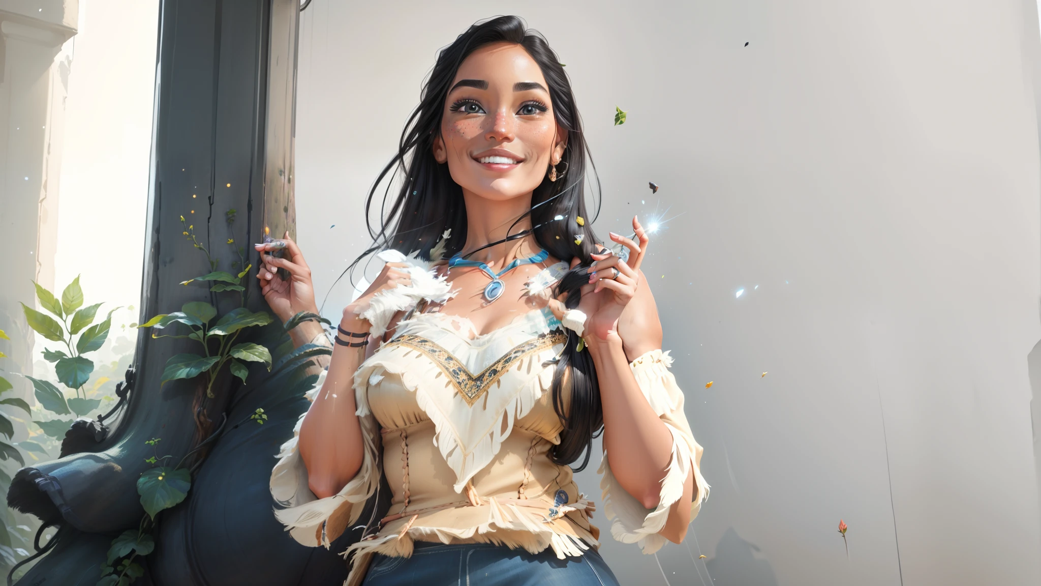 (PocahontasWaifu:1), smile, cute, cute pose, looking at viewer, thick thighs, (tribal, dress:1),
(realistic:1.2), (realism), (masterpiece:1.2), (best quality), (ultra detailed), (8k, 4k, intricate),(full-body-shot:1),(Cowboy-shot:1.2), (85mm),light particles, lighting, (highly detailed:1.2),(detailed face:1.2), (gradients), sfw, colorful,(detailed eyes:1.2),
(detailed ladscape, jungle, vegetation:1.2),(detailed background),detailed landscape, (dynamic angle:1.2), (dynamic pose:1.2), (rule of third_composition:1.3), (Line of action:1.2), wide shot, daylight, solo,