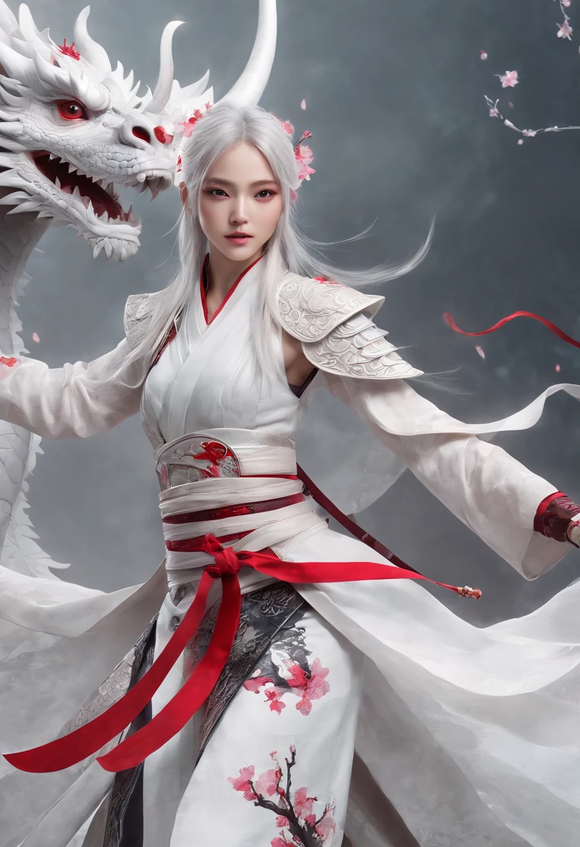 Cirilla Fiona Elen Riannon,动态照明,art stations,poster for,voluminous lighting,Very detailed faces,4k wallpaper,He has a gentle and beautiful face,Long flowing hair,pony tails,Fringed Hair Ornament,Dynamic perspective,White Hanfu,White gauze flying,Red belt,Sexy,The tradition of Chinese ink painting,surrounded by cloud,cherry blossom,fog atmosphere,Ride the white dragon,White dragon horn,dynamic viewing angle,电影灯光