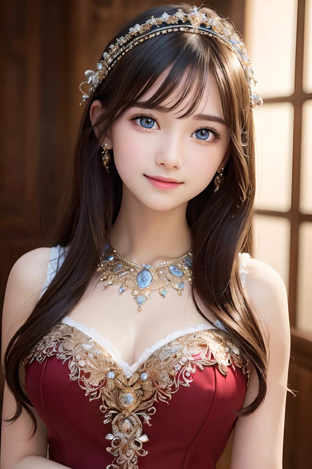 ((best quality, 8K, masterpiece)), ultra detailed, sharp focus, ((ultra realistic photo)), 1 cute girl, yo, elaborate design dress, gorgeous jewery, highly detailed face and skin texture, ((detailed eyes)), ((beautiful eyes:1.4)), (smile:1.15), (closed mouth)