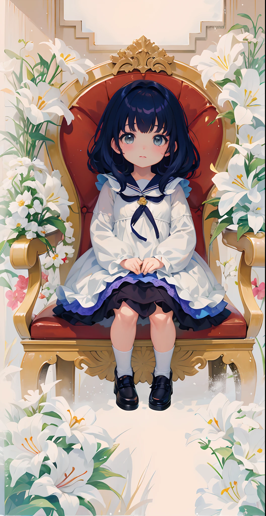 anime sentada em uma cadeira vermelha com flores no fundo, anime moe artstyle, visual anime de uma meninao, Guweiz em Pixiv ArtStation, menina pequei, Loli no vest smallvy loli, Guweiz em ArtStationiv, Arte Zerochan, menina anime bonito, Estilo deanime bonito, anime illustration