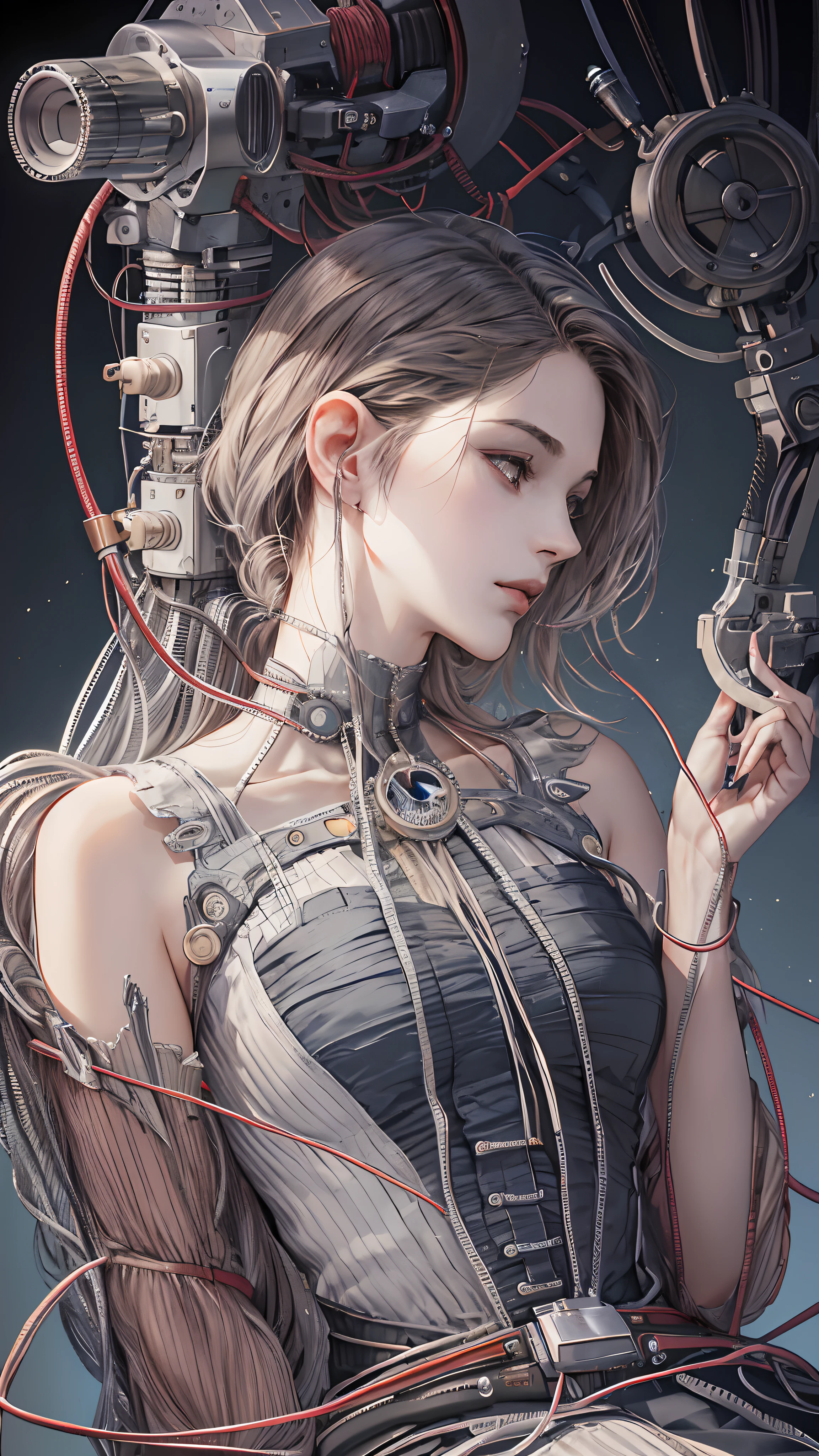 ((tmasterpiece)),((best qualityer)),((super-fine)),(CG illustration),((Extremely delicate and beautiful)),(seen from the side),cinematric light、 ((1 mechanical boy)), solo person, full bodyesbian,(Machine-made joints:1.2),((Mechanical limb)),(Blood vessel attached to tube),(The mechanical spine is attached to the back),((The mechanical cervical vertebrae are attached to the neck)),(sitted),face expressionless,(Wires and cables around the neck:1.2),(wires and cables on head:1.2)(Character focus),sci-fy,Extremely fine,a color,Thinnest