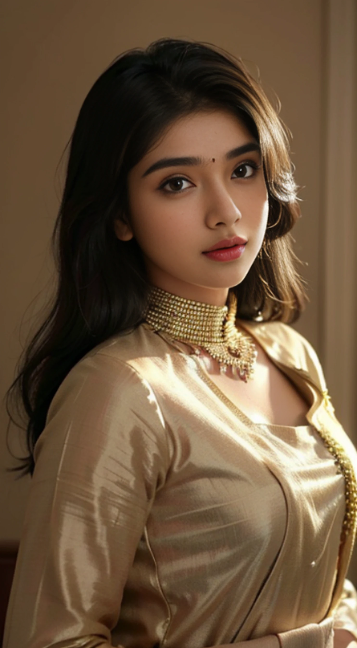 (((desi Indian girl))), chubby face, natural skin, charming black hair, ((hair ends are blonde)), (((highly detailed face and skin texture, 8k, ultrarealistic))), ((Masterpiece: 1.3, best quality)), Well dressed, Indian traditional dress, photoshhot