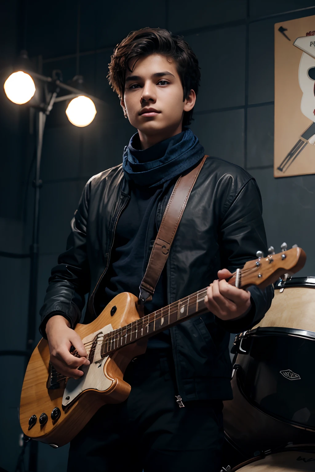 boy playing drum with a massive skill, with short wavy hair, wearing a dark blue neck scarf, black jacket and black pants, tan skin, 3D animation, 4K Quality Graphic photo